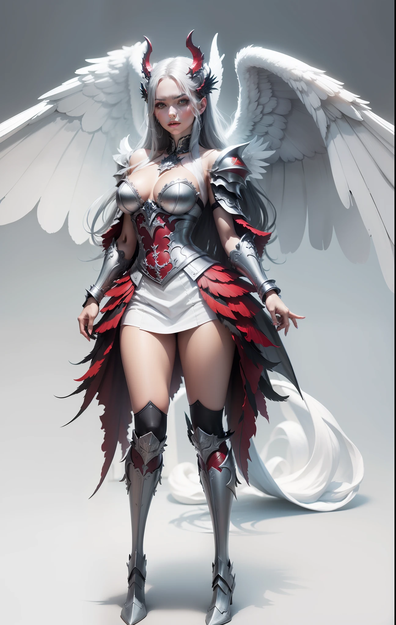 (Meisterwerk:1.2),(best quality:1.1),(hoch detaillierte Details:1.2),demonic angel with large black and white wings, white and red armor, gorgeous face, sitzend auf einem Thron