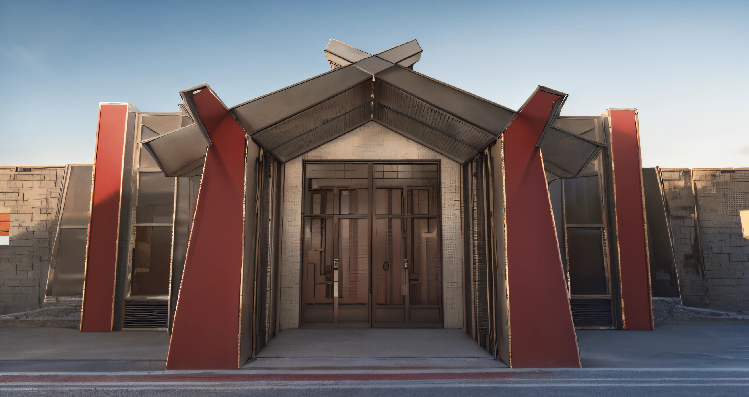 there is a red and white building with a metal door, a middle-shot from front, symmetrical front view, the front view, Front perspective, seen from outside, ribbon chapel, front view dramatic, front facing shot, Location shooting, a long-shot from front, Frontal view, symmetrical detail, symmetrical outpost, the front view, From the front