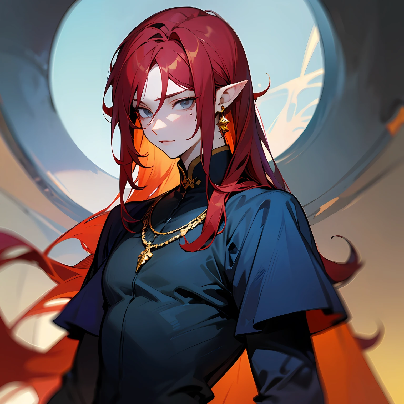 young man, red hair, long hair, grey eyes, slim body, fantasy style, beauty mark under both eyes, pointy ears, golden jewellery, pale skin, dark blue clothes with golden details --auto