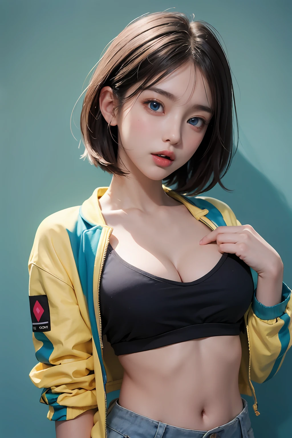 white 20yo female, blue eyes, yellow-blue-pink mix multicolor hair, (((surprised face))), ((perfect expression blue eyes)), medium-short hairstyle, wearing pastel colorstyle cropped tshirt with stylish printed jacket, large-breasted, take standing kawaii portrait, multicolor wall background, realistic shadow, starring at camera, rembrant colorful theme, eos 5D mark iv with 50mm, ultra highres photography, 8k wallpaper, soft rim light, ((masterpiece, photorealistic, best quality, hyperdetailed:1.2)), pulling shirt, cleavage,
