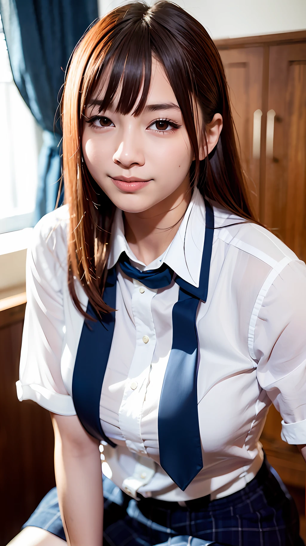 (8K、RAW Photography、beste-Qualit、шедевр:1.2)、(Realistic、photo- realistic:1.37)、extreme high definition、1人の女の子、cute-cute、独奏、Sitting、date、(Nasal redness)、(a smile:1.1)、(Closed)、tetas grandes、Beautiful eyes、(shirt with collar:1.1)、(short-hair:1.2)、Floating Hair、High school students、necktie、valley、Transparent、school uniform、sailoruniform、skirt by the、K-pop idols、18 years-old、Korean beauty、The shirt is sheer