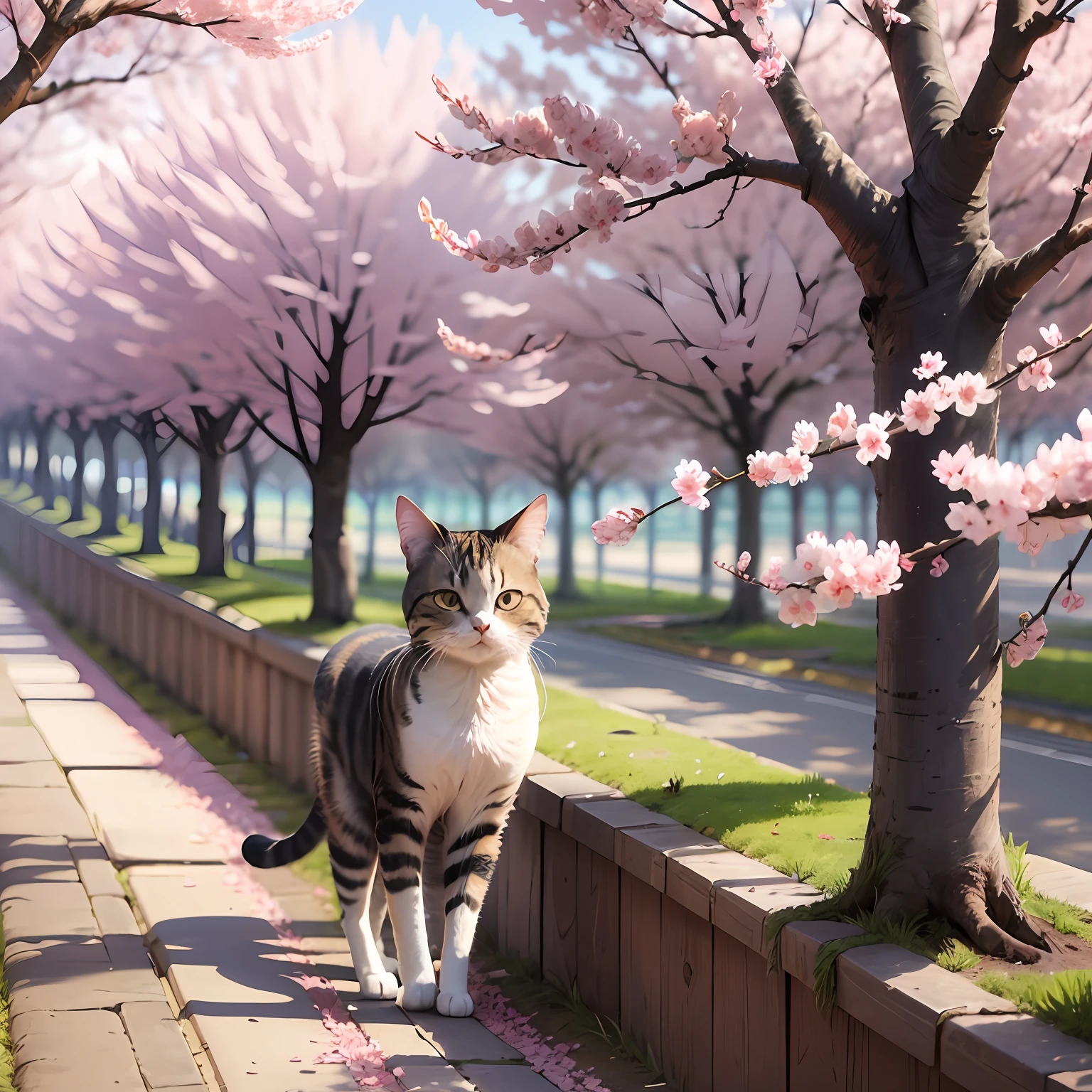 Illustration of a cat standing in the middle of a row of cherry blossom trees