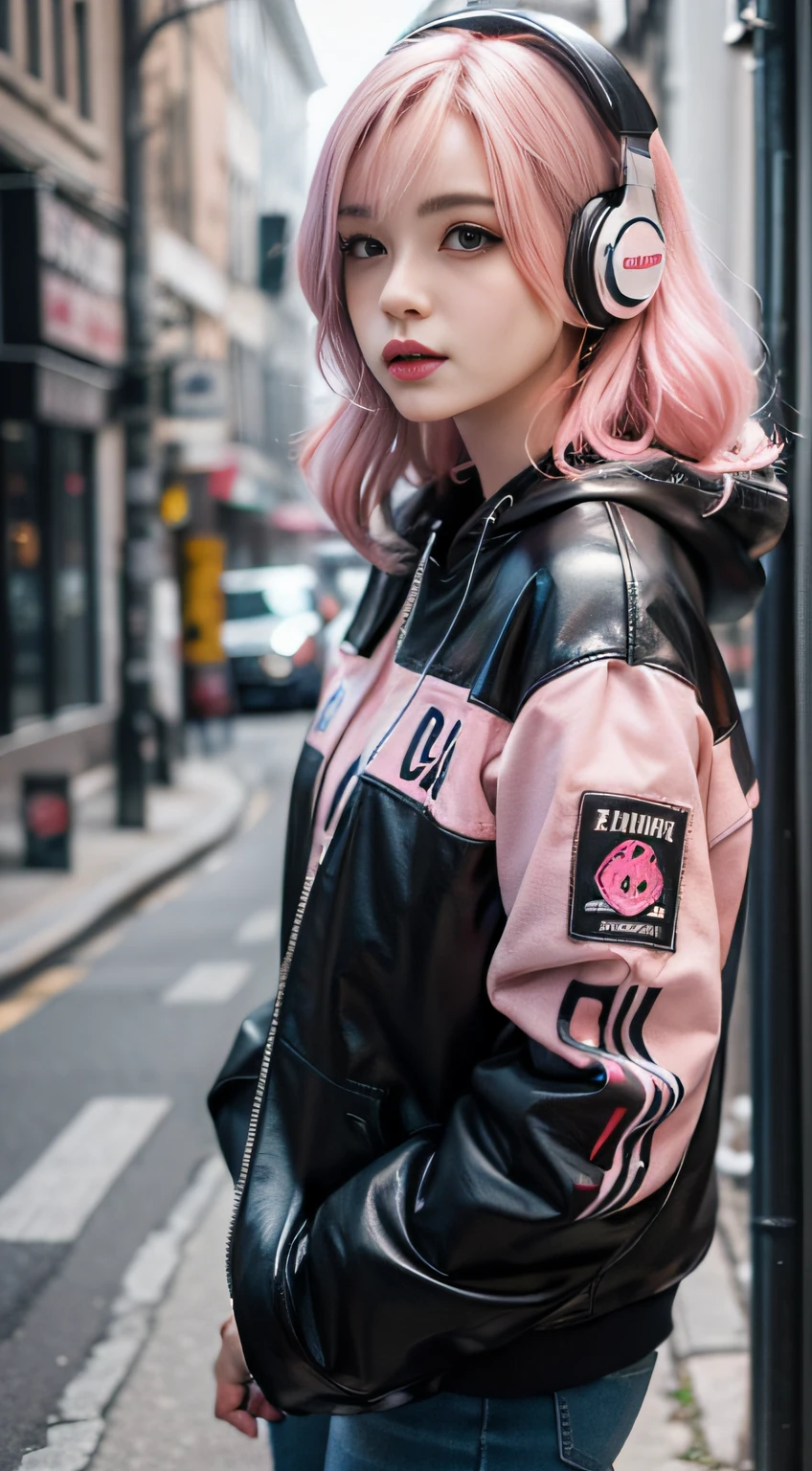 Realistic style 4K wallpaper,Arad woman with pink hair and headphones in front of graffiti,3D realistic style,Reality is real,Best realistic 8K Konachan wallpaper,cyber punk Girl,Anime girls render realistic,attention-grabbing。