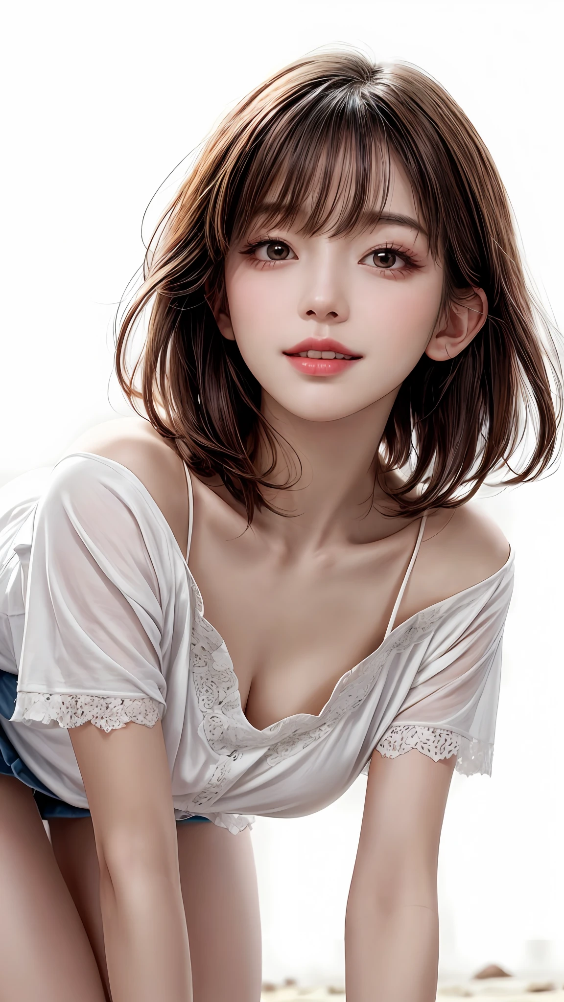 Pee (incontinence: 1.47), fashion trendy beautiful and attractive woman, gentle and attractive Chinese beautiful woman, Korean (kpop idol), delicate and sexy collarbone, attractive oval face, double eyelids, smart [peach] flower eyes, pink lips, small nose, bare shoulders, focus on face, [[face close-up], ultra high definition, super detail, White off-shoulder lace shirt, (((white lace panties), fresh and impressive, natural (large: 1.25), (kneel on the ground), (legs wide open), (legs spread), (from a low angle), (upright 1.5), (shiny skin: 1.4), (low angle)), perfect figure, areola, cleavage, armpit wrinkles, (floor urine)), (NSFW: 1.05), ( Showpiece, top quality, high precision)), one girl, (big, photorealistic: 1.4), (slightly above the camera, looking up at the camera, looking up, looking up at the camera, staring at the camera))), solo, solo, white background, snow-white background, mouth closed, happy smile, pretty black hair, short hair, big eyes, pronounced double eyelids, eyelashes, ears out, long neck, long neck, Absolute area, ((close-up of face, short hair with bangs)), 19 years old, attractive proportions, shiny skin, clean collarbone, golden ratio face, perfect face, teardrop mole, chest mole, bangs, clean bangs, beautiful bangs, lip gloss, thin lips, white skin, undressed, big breasts, small face, staring at the camera a little upwards, ((smiling a little at the camera, really nothing pure white background, very big, big big, big breasts)), ((((uniform, shirt))))