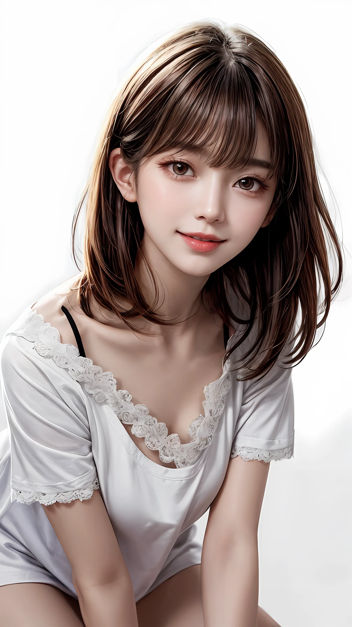 Pee (incontinence: 1.47), fashion trendy beautiful and attractive woman, gentle and attractive Chinese beautiful woman, Korean (kpop idol), delicate and sexy collarbone, attractive oval face, double eyelids, smart [peach] flower eyes, pink lips, small nose, bare shoulders, focus on face, [[face close-up], ultra high definition, super detail, White off-shoulder lace shirt, (((white lace panties), fresh and impressive, natural (large: 1.25), (kneel on the ground), (legs wide open), (legs spread), (from a low angle), (upright 1.5), (shiny skin: 1.4), (low angle)), perfect figure, areola, cleavage, armpit wrinkles, (floor urine)), (NSFW: 1.05), ( Showpiece, top quality, high precision)), one girl, (big, photorealistic: 1.4), (slightly above the camera, looking up at the camera, looking up, looking up at the camera, staring at the camera))), solo, solo, white background, snow-white background, mouth closed, happy smile, pretty black hair, short hair, big eyes, pronounced double eyelids, eyelashes, ears out, long neck, long neck, Absolute area, ((close-up of face, short hair with bangs)), 19 years old, attractive proportions, shiny skin, clean collarbone, golden ratio face, perfect face, teardrop mole, chest mole, bangs, clean bangs, beautiful bangs, lip gloss, thin lips, white skin, undressed, big breasts, small face, staring at the camera a little upwards, ((smiling a little at the camera, really nothing pure white background, very big, big big, big breasts)), ((((uniform, shirt))))