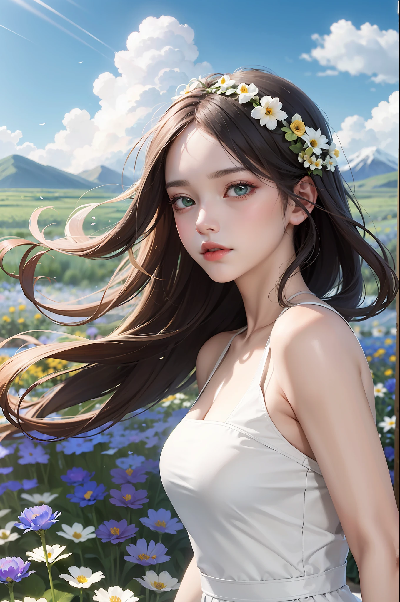 (Best Quority,a masterpiece of,illstration:1.2),1 beautiful and delicate girl,Norse princess,Playful and cute,Most detailed,Green eyes,Dynamic angle, cloud and mountain, (flower field:1.4) in foreground, White dress, Light tracing, (Floating colorful wind:1) , offcial art