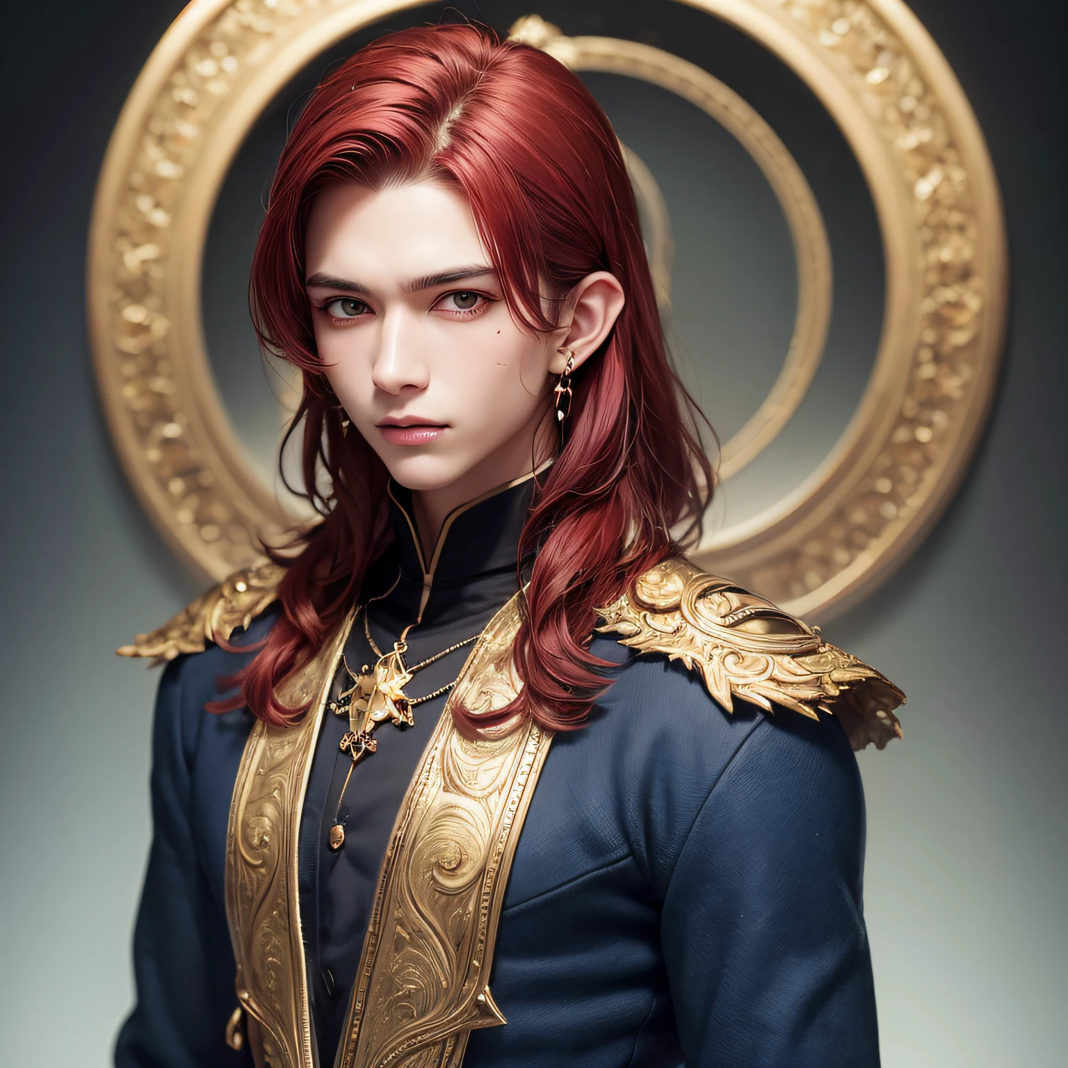 young man, red hair, long hair, grey eyes, slim body, fantasy style, beauty mark under both eyes, pointy ears, golden jewellery, pale skin, dark blue clothes with golden details, no orange details --auto