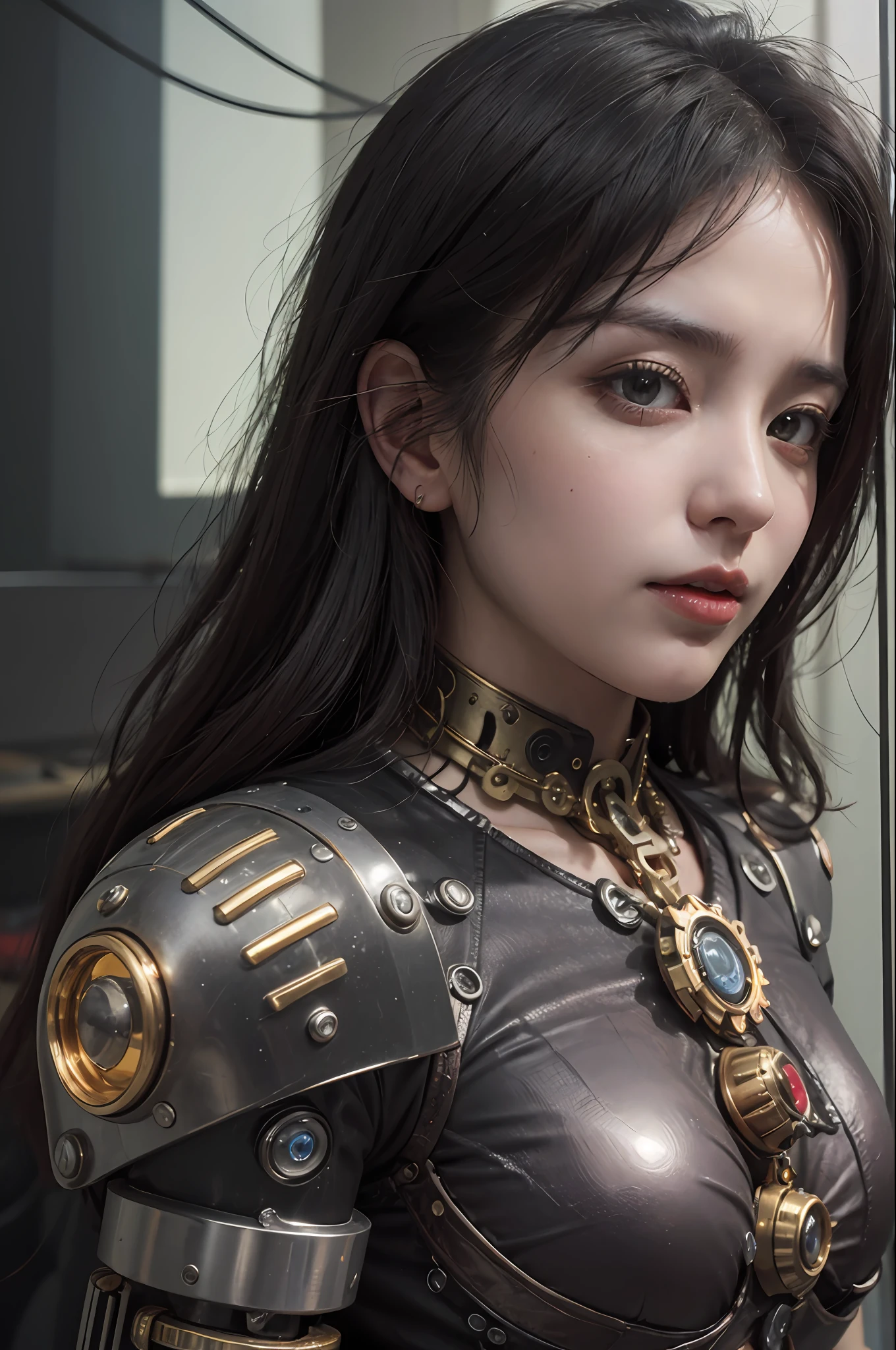 beste-Qualit、шедевр、ultra-high-resolution、(photo- realistic:1.4)、Raw photo、女の子1人、Black hair、glowy skin、steampunk suit、((hyper realistic detail))、portlate、Global Illumination、Shadow、octan render、in 8K、ultrasharp、tetas grandes、Raw skin is exposed in cleavage、steampunc、metals、Golden gears、Hydraulic cylinder、Details of complex ornaments、Gothloli details、Luminous tube、extremely intricate detail、Realistic light、CGSoation Trends、purple-eyed、radiant eyes、Facing the camera、neon details、Mechanical limbs、blood vessels connected to tubes、Mechanical vertebrae attached to the back、mechanical cervical attaching to neck、sitting on、Wires and cables connecting to the head、Small LED lamp、The backdrop is a steampunk city of the future、