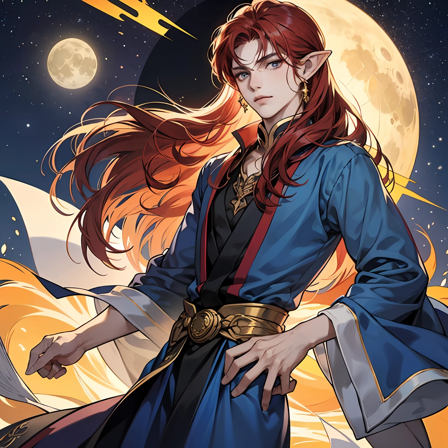 young man, red hair, long hair, grey eyes, slim body, fantasy, beauty mark under both eyes, pointy ears, golden jewellery, pale skin, dark blue clothes with golden details, no orange details, anime style, male body, flat chest, moon and stars decoration --auto