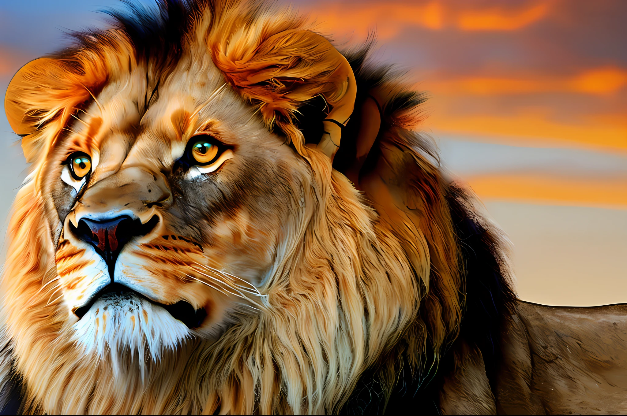 ((A male lion,)), . Rock Scene, Realistic, Ultra Detailed, Reddish Sky, Sunset, Real, Professional Photography, DSLR