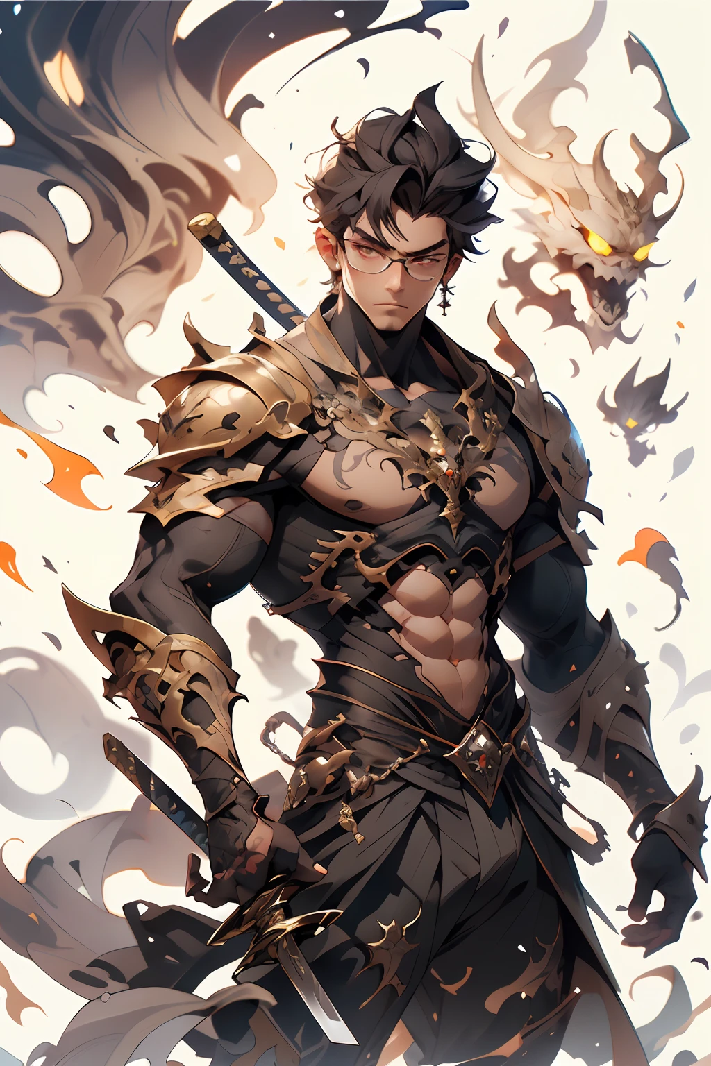 1boy, arme, Accent mis sur les hommes, black short hair, black glasses, holding sword, , , , armure, , fourreau, Pectoraux, , , fourreau, shoulder armor, corps entier, , poils du visage, joaillerie, , , , musculaire, 
,,