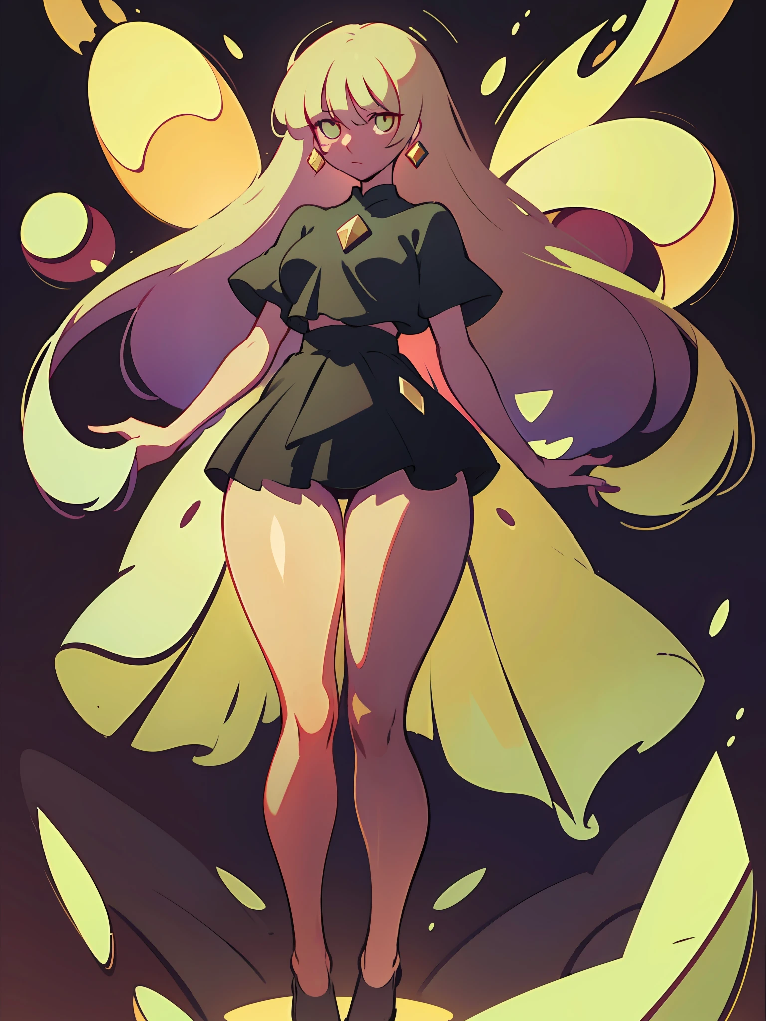 (best quality, masterpiece), 1 girl, yellow diamonds mineral, beautiful full body concept art, simple dark background, looking at viewer, gold long hair, mineral, (straight long legs:1.4), a skirt that covers the thighs, sleek glass thickness, transparent, cinematic lighting, rendering, 4K, --niji 5