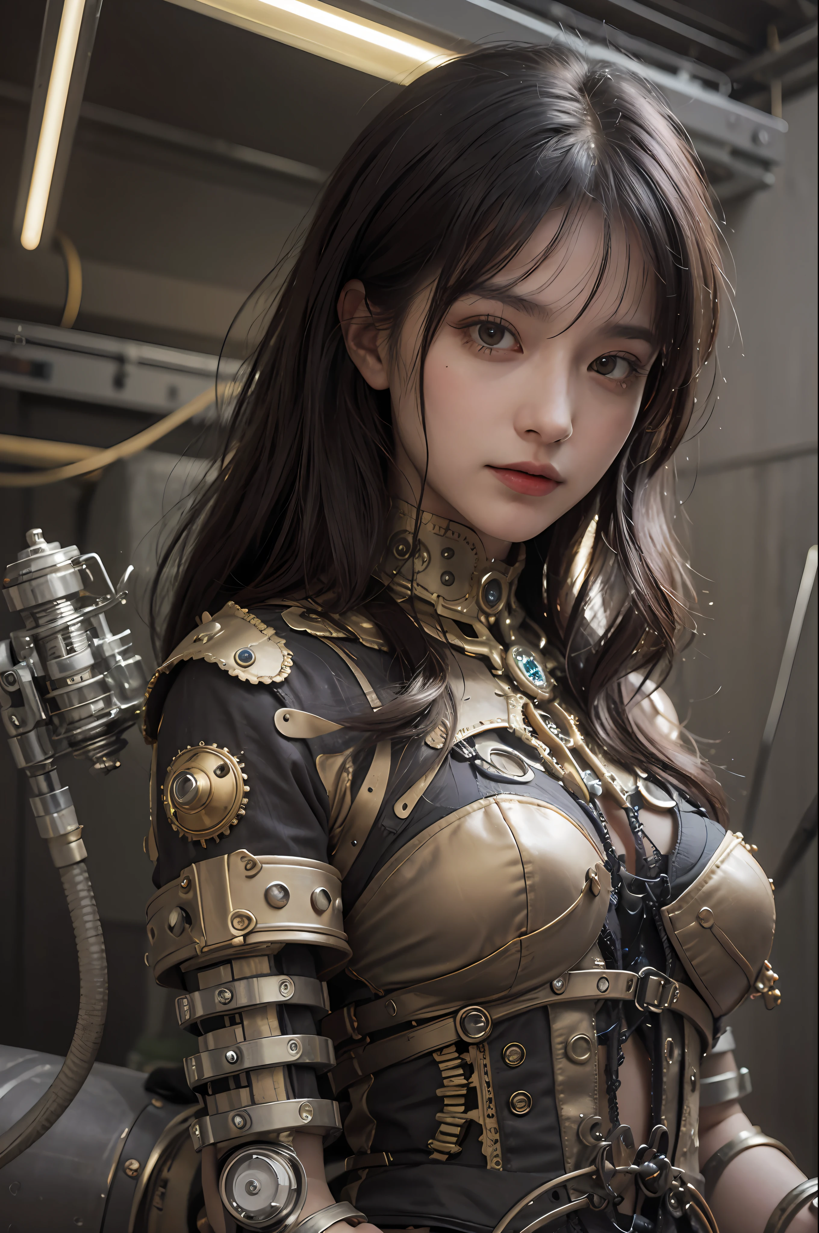 beste-Qualit、шедевр、ultra-high-resolution、(photo- realistic:1.4)、Raw photo、1人、Black hair、glowy skin、steampunk suit、((hyper realistic detail))、portlate、Global Illumination、Shadow、octan render、in 8K、ultrasharp、tetas grandes、Raw skin is exposed in cleavage、steampunc、metals、Golden gears、Hydraulic cylinder、Details of complex ornaments、Gothloli details、Luminous tube、extremely intricate detail、Realistic light、CGSoation Trends、purple-eyed、radiant eyes、Facing the camera、neon details、Mechanical limbs、blood vessels connected to tubes、Mechanical vertebrae attached to the back、mechanical cervical attaching to neck、sitting on、Wires and cables connecting to the head、Small LED lamp、The backdrop is a steampunk city of the future、