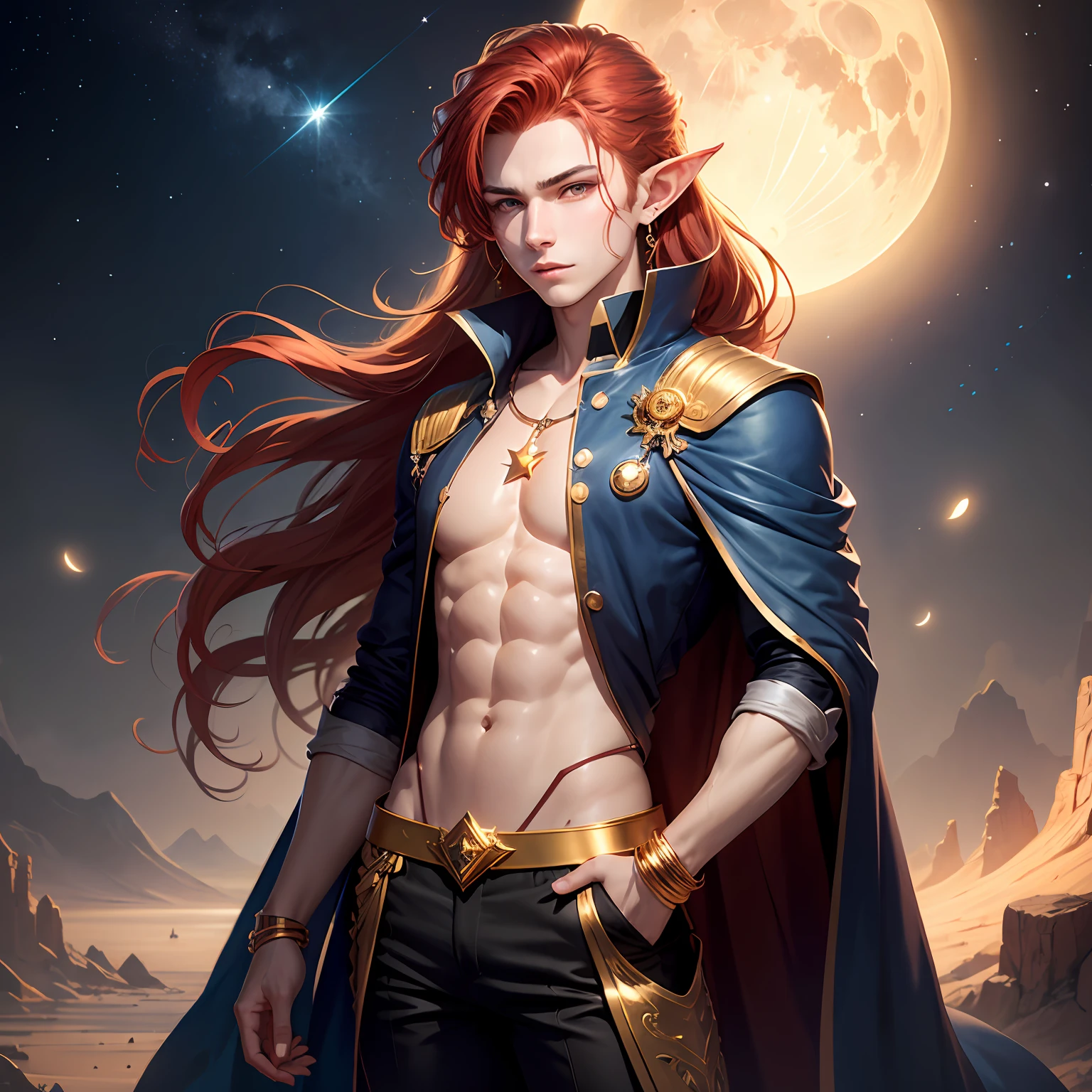 young man, red hair, long hair, grey eyes, slim body, fantasy, beauty mark under both eyes, pointy ears, golden jewellery, pale skin, dark blue clothes with golden details, no orange details, anime style, male body, flat chest, moon and stars decoration, stars accessories, magic --auto