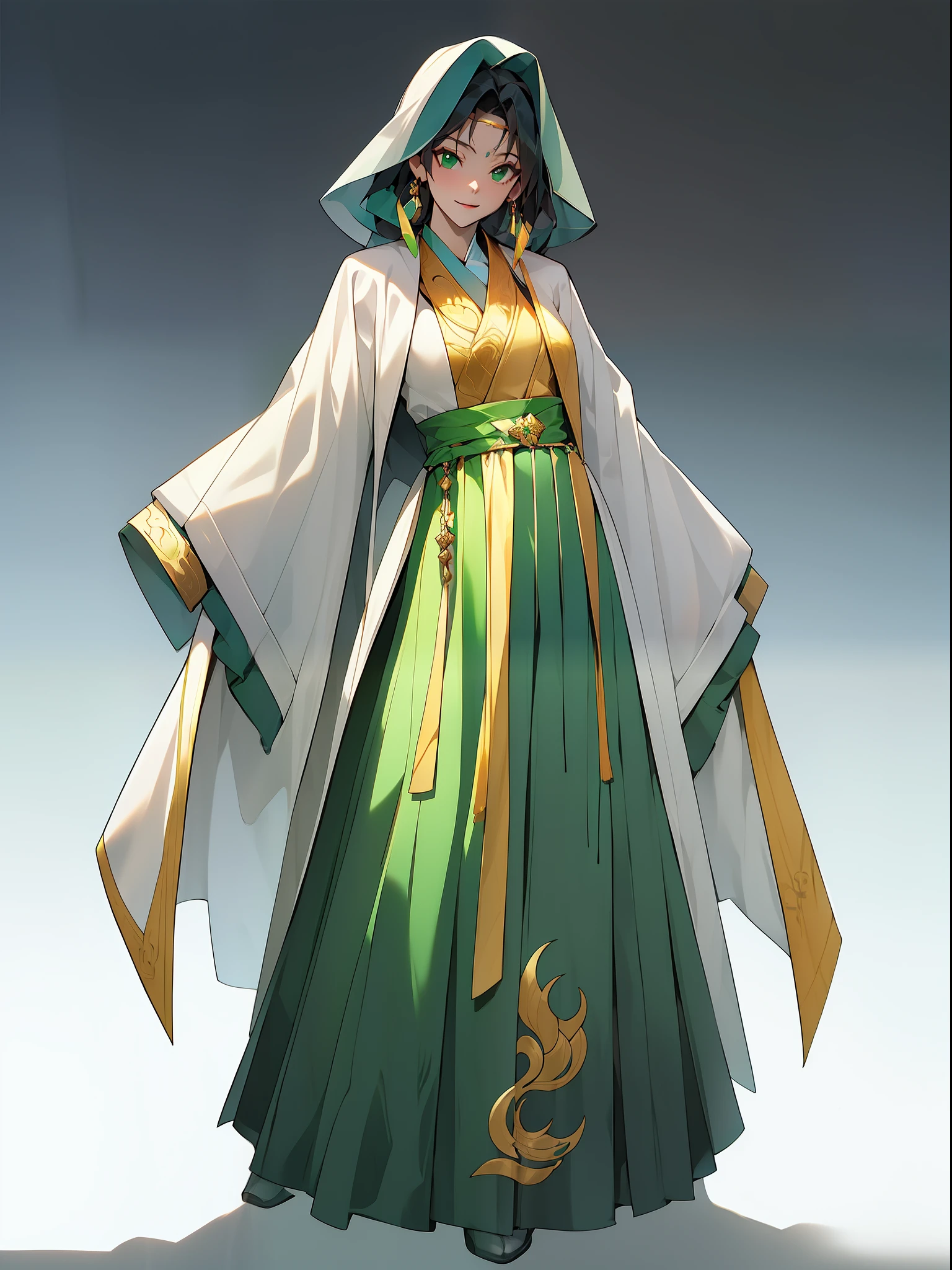 (NOhumans:1.5), a masterpiece of, Ultimate,(Green gauze dress),(Ancient Chinese clothes,pleated long skirt,cloaks,gossamer,gold chains,Green Hanfu,Phnom Penh embroidery),gameicon,