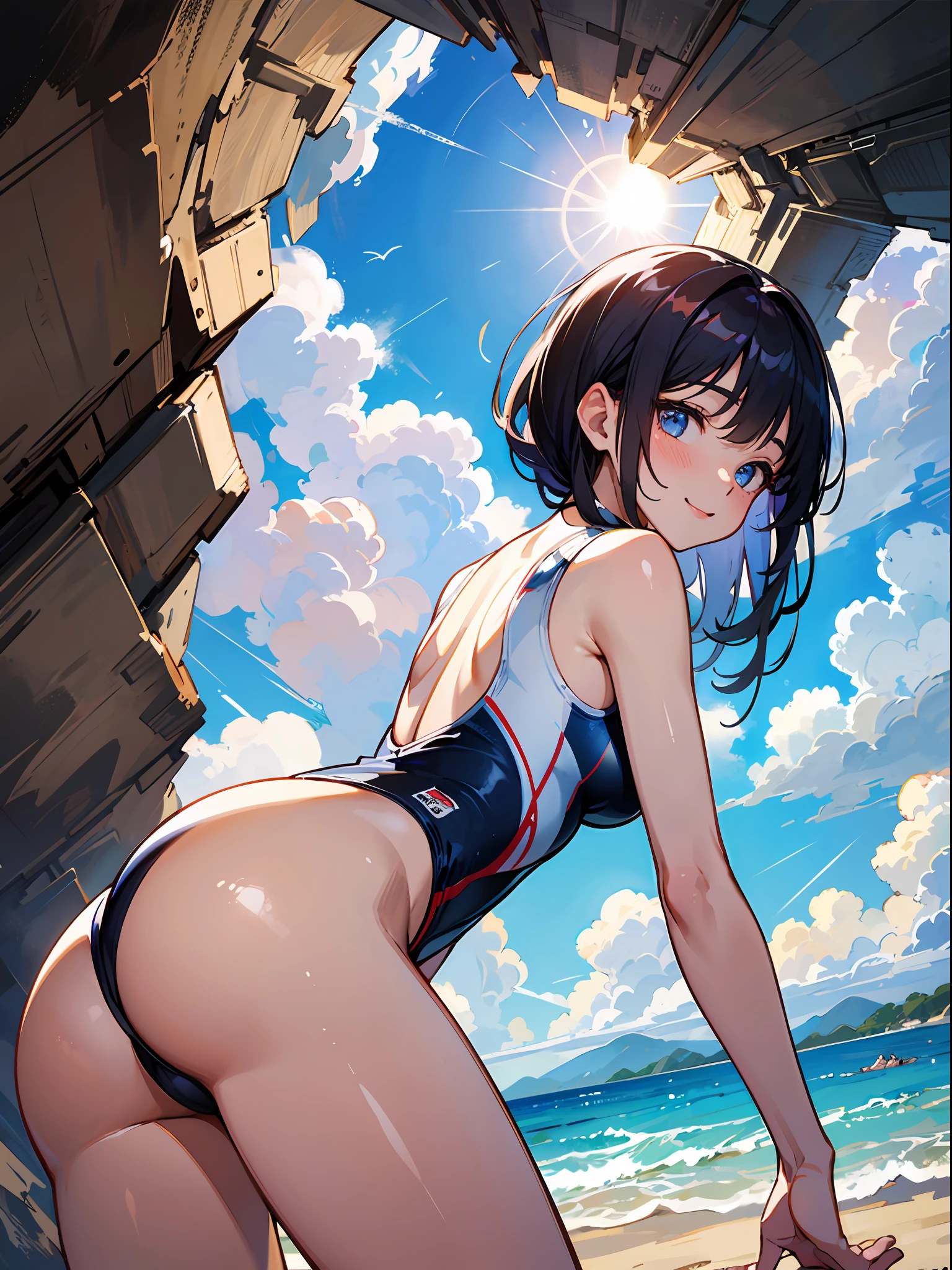 шедевр、ultra-high-quality、ultra hyper-detailed、Perfect drawing、独奏、babes、((Competitive swimsuit))、Round and cute buttocks、((bulging bust top))、blush on:(0.2)、perspiring、{{{sunburnt skin:(1.5)}}}、a smile、18 years-old、blue-sky、cumulonimbus clouds、glowing sun、shores、sand beach、Shot from diagonally below the back、bustup、see-though、beatiful backgrounds、Accurate drawing、Detailed drawing