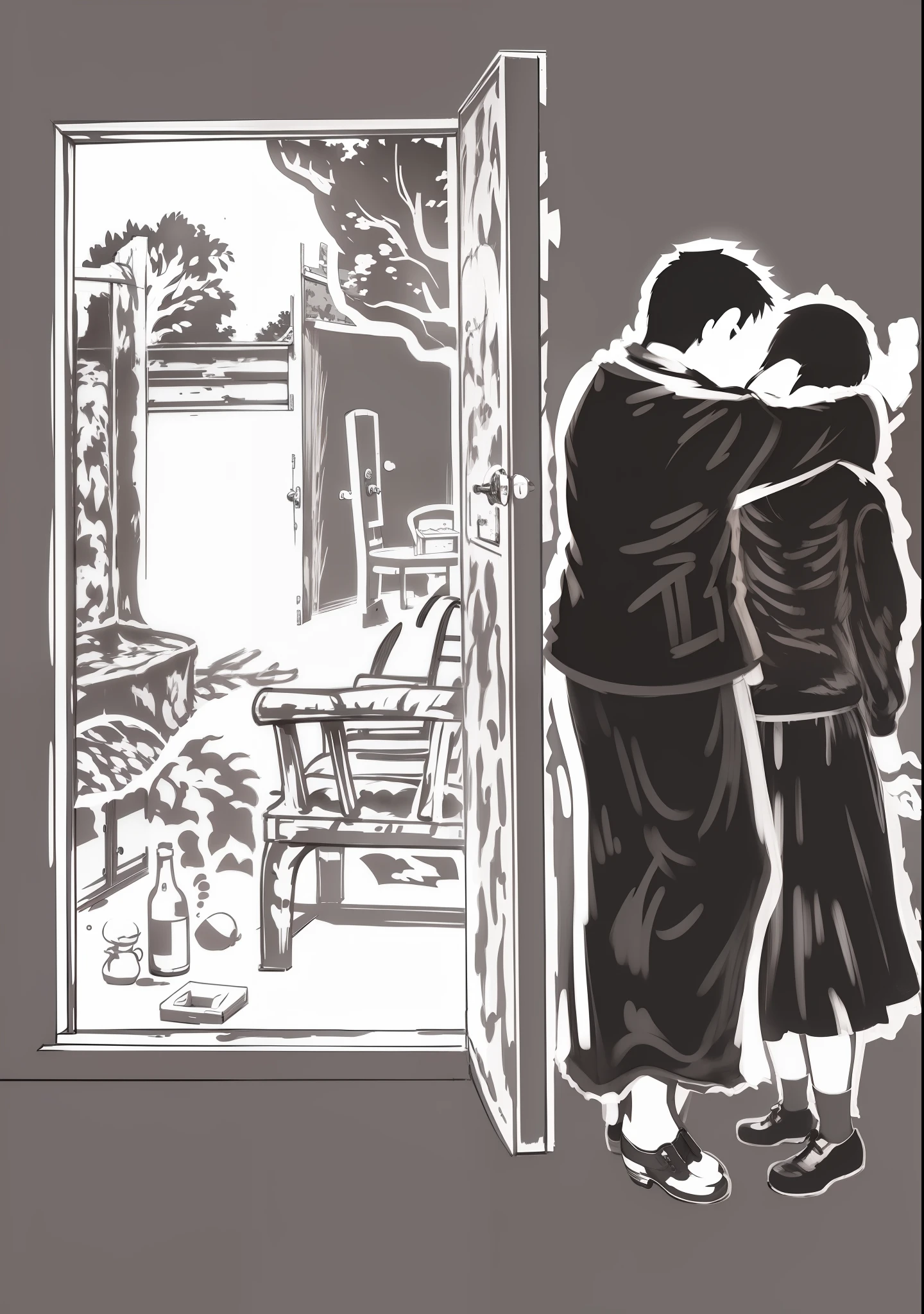 Behind the door,Men press women,Outside the dream is a chair,Wine bottles,steins,big trees