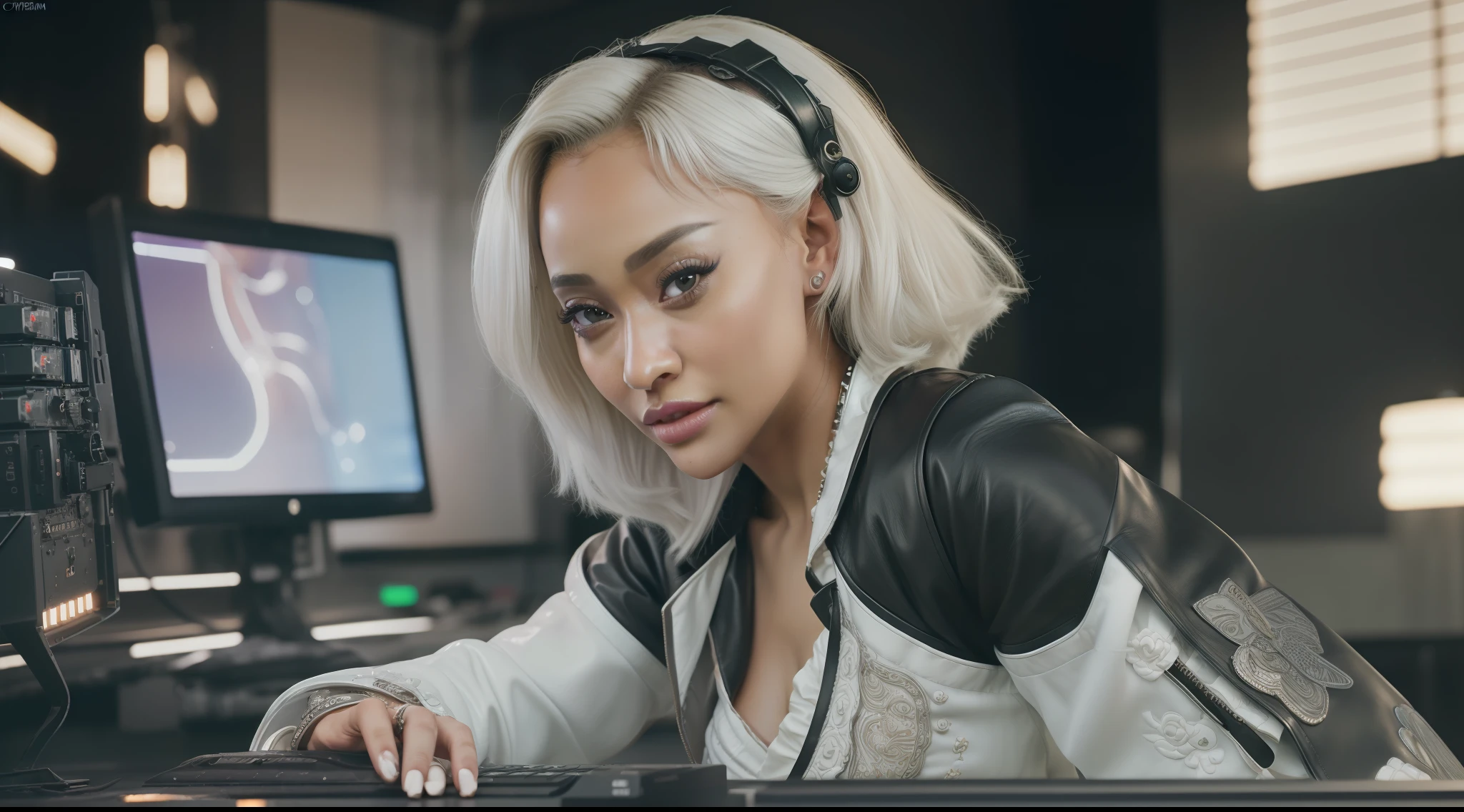 (8k, ARTISTIC photography, best quality, masterpiece: 1.2), (realistic, photorealistic: 1.37),((Doja cat)), over-detailed, (high-detail skin: 1.2), 8k uhd, SLR camera, soft lighting, high quality, film grain, Fujifilm XT3, professional lighting, photonic display, brightness, physically rendered photo (cyber punk Girl, hacker, dark skin, Red hair ), beautiful face, (hacking console) ((half smile)), over-detailed face, (((big open eyes))), beautiful body, voluptuous body, (( dressed as futuristic samurai)), (((over-detailed leather clothing))), (((the color of the clothes is White))), (((extremely intricate outfits))), dynamic posing with a hackers computer and console in the background, (((pure 8K))), (((perfect anatomy))), extremely high-quality graphics, dark room, Riddley Scott, ghost in the shell, Denis Villeneuve, Cyberpunk 2077, omputer server, LCD screen, fiber optic cable, company logo rule of thirds, wide aperture(((cinematic lighting))), ((clear details)), complex, highly detailed background,