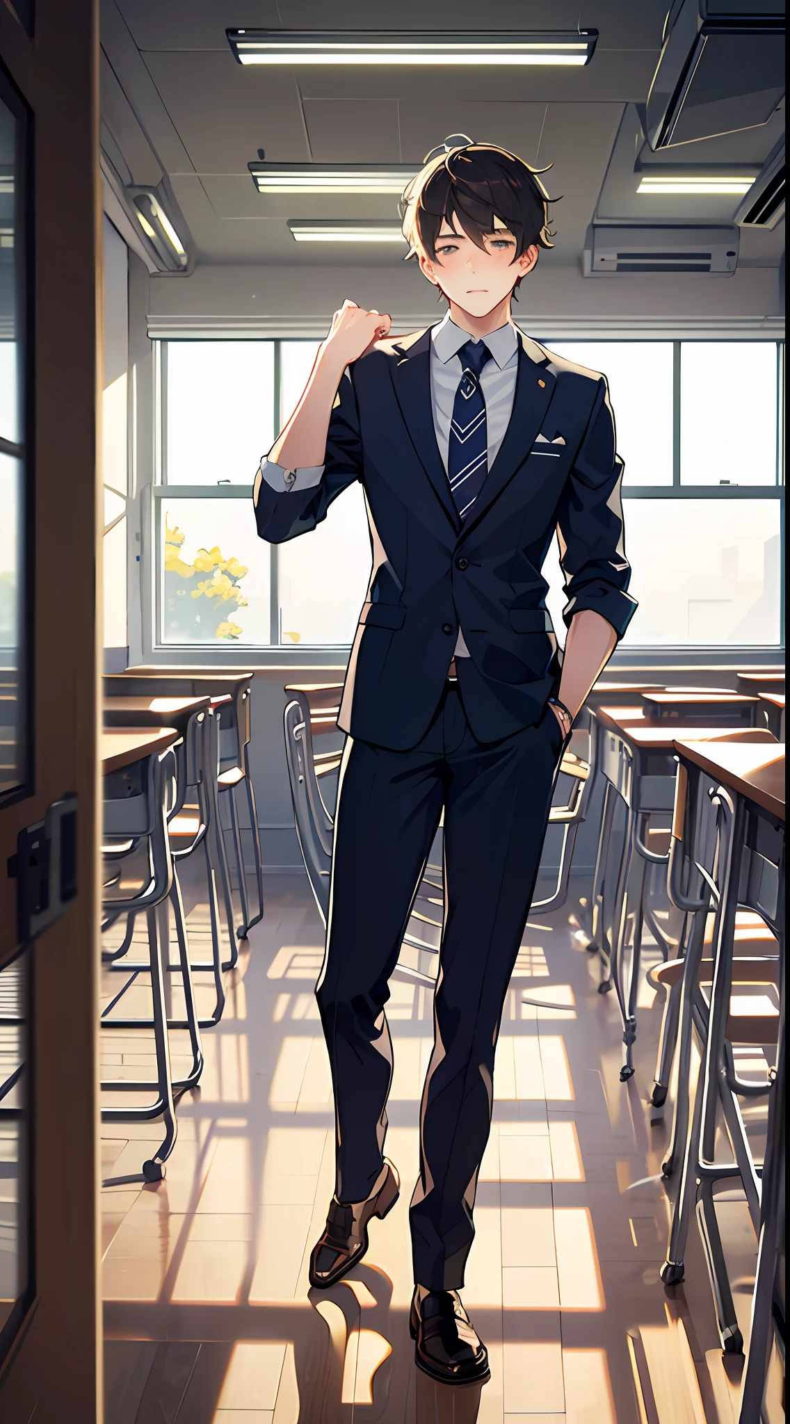 Male，man，young teenager，Young men，High school students，The background is in the classroom，School uniform，extreme hight detail，Realistic light and shadow，Sunlight comes in through the windows，facula，softlighting，soft focus，the best quality，blush on，Look at the lens