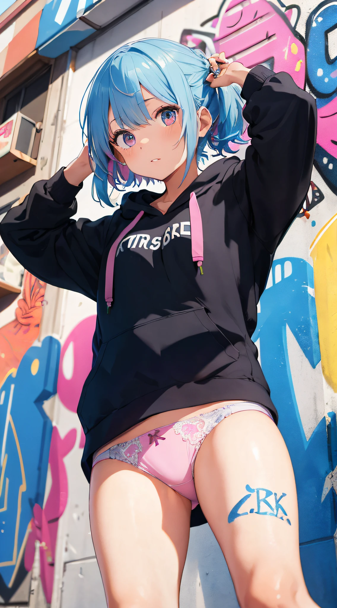 masterpiece, high quality, highres, absurdres, ultra-detailed, 8k, 1girl, platinum grey hair, blue hair, multicolored hair, gradient hair, looking at viewer, colorful eyes, ((pink and white panties)), ((ultra-small panties)), colorful hoodie, full body shot, ((angle from below)), (graffiti murals wall background:1.15), brilliant colorful paintings, bloom, portrait, cross hair ornament, against wall, bangs, shadow, reflection