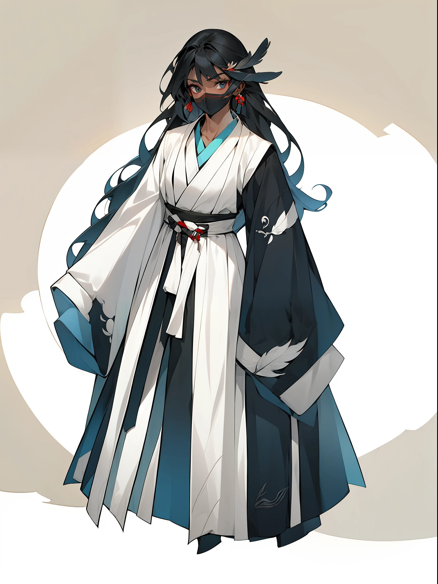 (NOhumans:1.8), a masterpiece of, Ultimate,(a color,feather hair),(Assassin clothes,Red strappy sleeves,Black Hanfu,Phnom Penh embroidery),gameicon,
