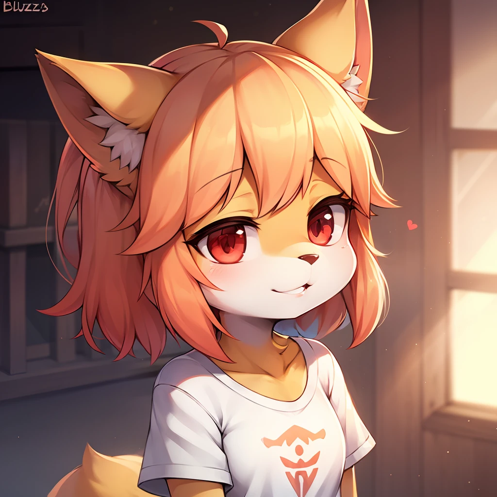 (Furry 1.2),White fur,ultra cute face,Red element on fur,White T-shirt,belas luzes,ambientlight,Ultra-fine fur,volumettic light