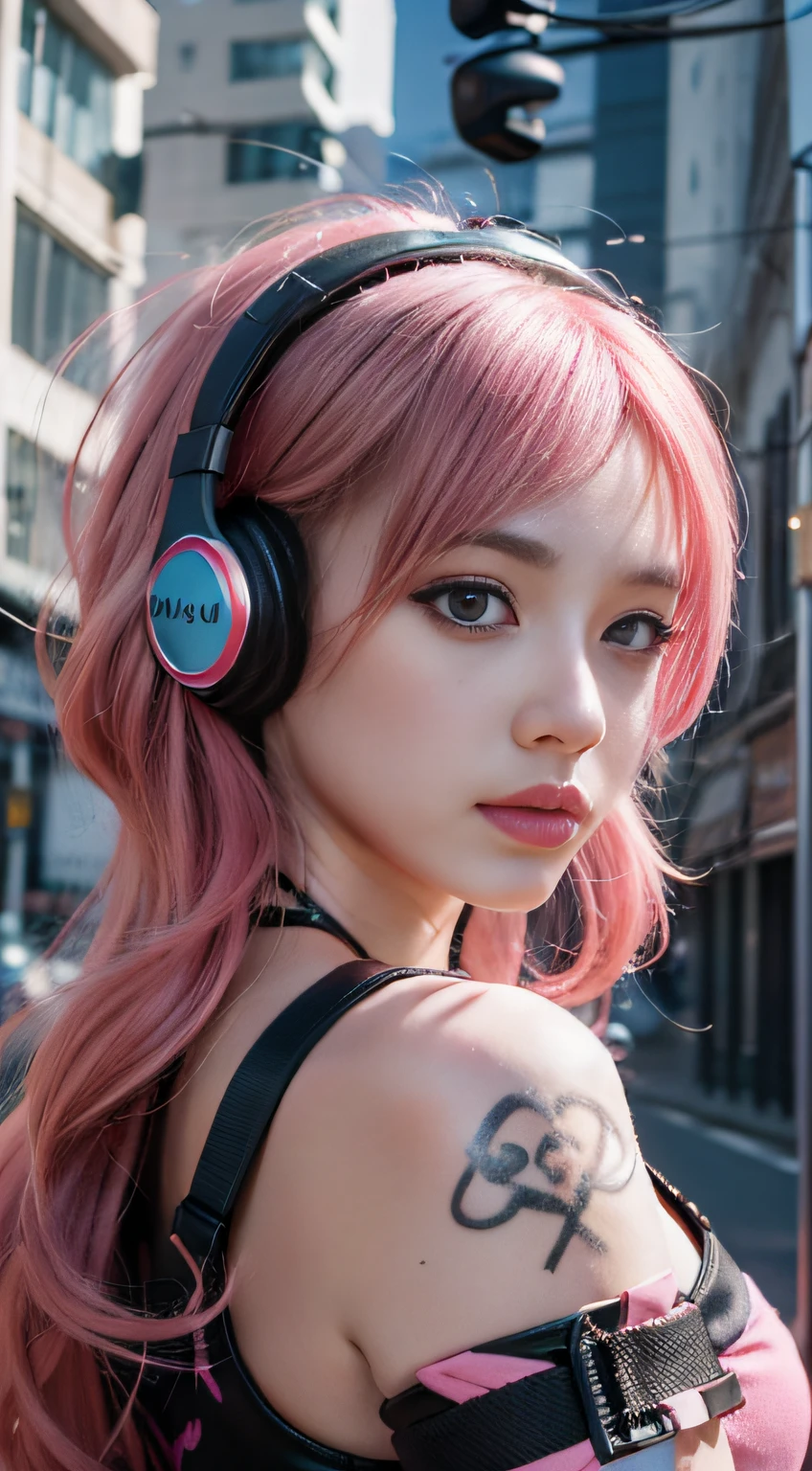 Realistic style 4K wallpaper,Arad woman with pink hair and headphones in front of graffiti,3D realistic style,Reality is real,Best realistic 8K Konachan wallpaper,cyber punk Girl,Anime girls render realistic,attention-grabbing。