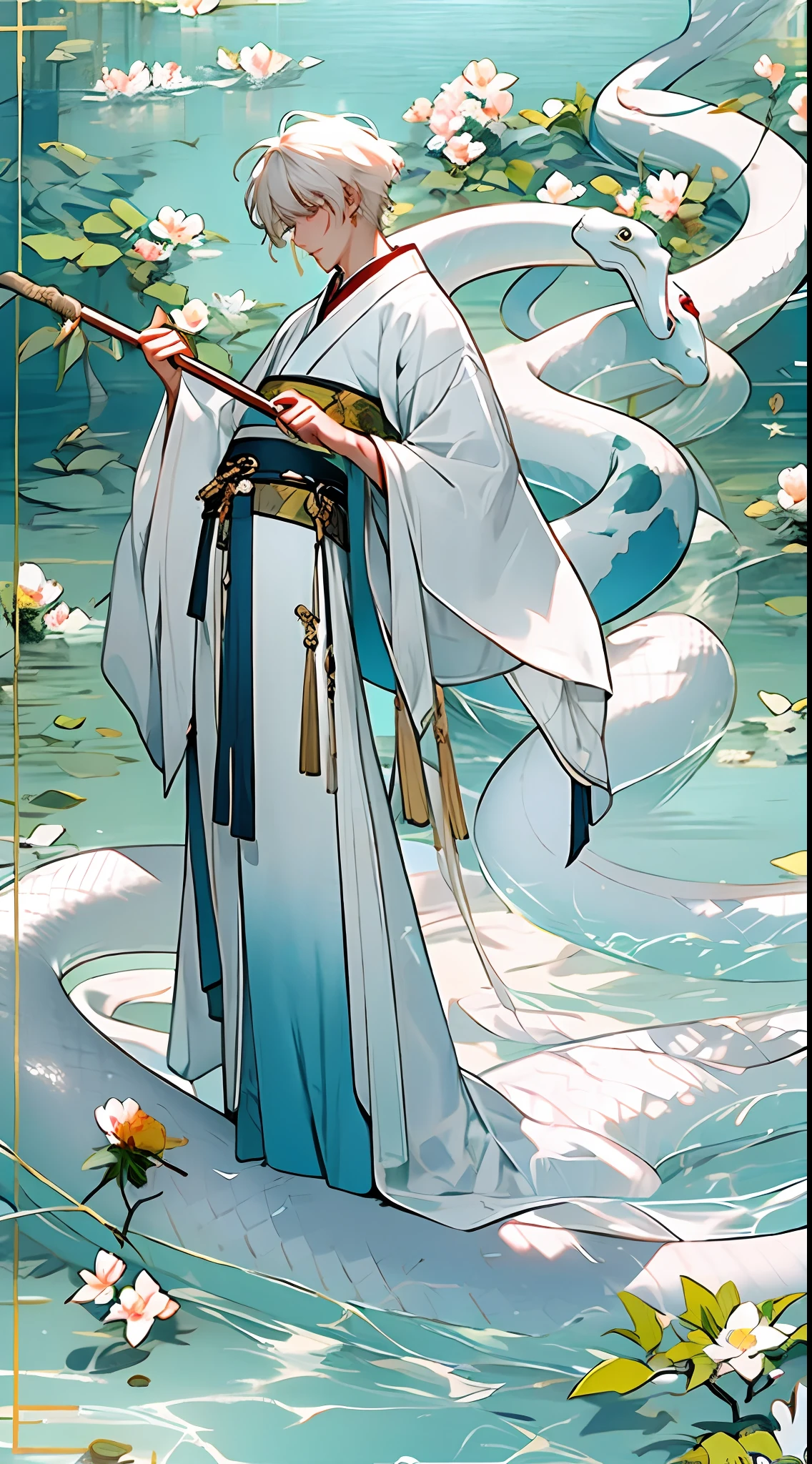 1boy,male,man,Hanfu,Chinese clothing,white hair,white snake,huge snake,water