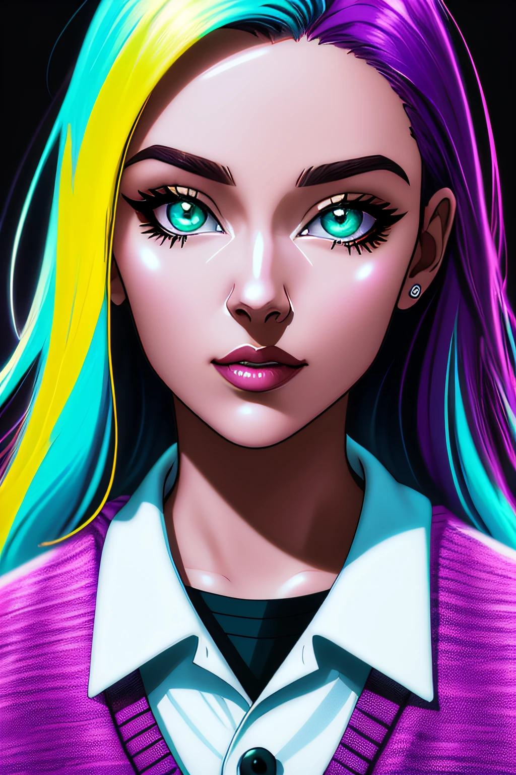 estilo redshift, (estilo 1.2), sexy, realista, Photo Session, profissional, alto contraste, [coreana|Asian], 1girl, solo, olhar expressivo, Hearts, olhos verdes claros, olhos detalhados, olhos de Ilya Kuvshinov estilo, sharp pupils, pupilas realistas, cabelo muito longo, cabelo solto, cabelo preto, maquiagem com glitter, Glowy Lips, brincos, joias, colar de ouro, rosto perfeito, parte superior do corpo, small lips, foto do rosto, (detalhe: 1.2), (close up extremo:1.2), decote, foco nos seios, de cima, obra-prima, melhor qualidade, HDR, ponto de vista, qualidade mais alta, sharp foc, olhando para o espectador, de frente para o visualizador, 8k, fundo abstrato, fundo colorido, purple hearts in background, poros da pele, textura de pele intrincada, pele realista, asymmetrical bangs, retalhos de cabelo, button-up shirt, camisa ciano, serafuku, uniforme escolar, cardigan, [(color explosion psychedelic paint colors: 1.2):: 0.2], cromulente, frio , dynamic lights, bokeh, fundo brilhante,
