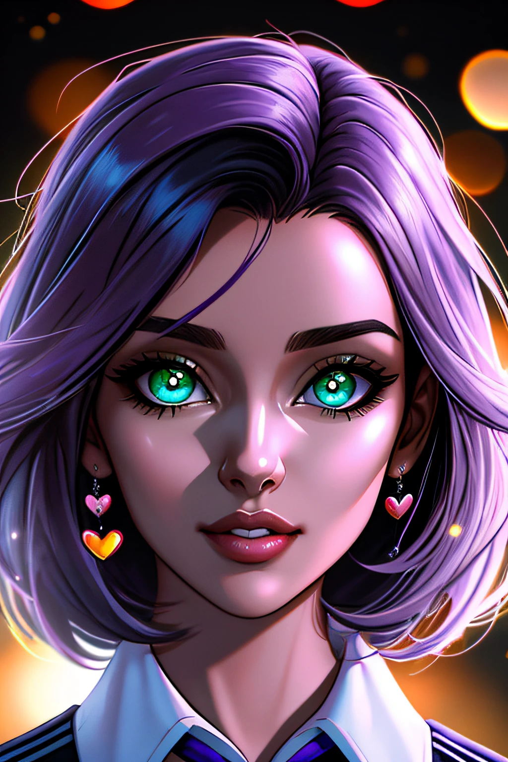 estilo redshift, (estilo 1.2), sexy, realista, Photo Session, profissional, alto contraste, [coreana|Asian], 1girl, solo, olhar expressivo, Hearts, olhos verdes claros, olhos detalhados, olhos de Ilya Kuvshinov estilo, sharp pupils, pupilas realistas, cabelo muito longo, cabelo solto, cabelo preto, maquiagem com glitter, Glowy Lips, brincos, joias, colar de ouro, rosto perfeito, parte superior do corpo, small lips, foto do rosto, (detalhe: 1.2), (close up extremo:1.2), decote, foco nos seios, de cima, obra-prima, melhor qualidade, HDR, ponto de vista, qualidade mais alta, sharp foc, olhando para o espectador, de frente para o visualizador, 8k, fundo abstrato, fundo colorido, purple hearts in background, poros da pele, textura de pele intrincada, pele realista, asymmetrical bangs, retalhos de cabelo, button-up shirt, camisa ciano, serafuku, uniforme escolar, cardigan, [(color explosion psychedelic paint colors: 1.2):: 0.2], cromulente, frio , dynamic lights, bokeh, fundo brilhante,