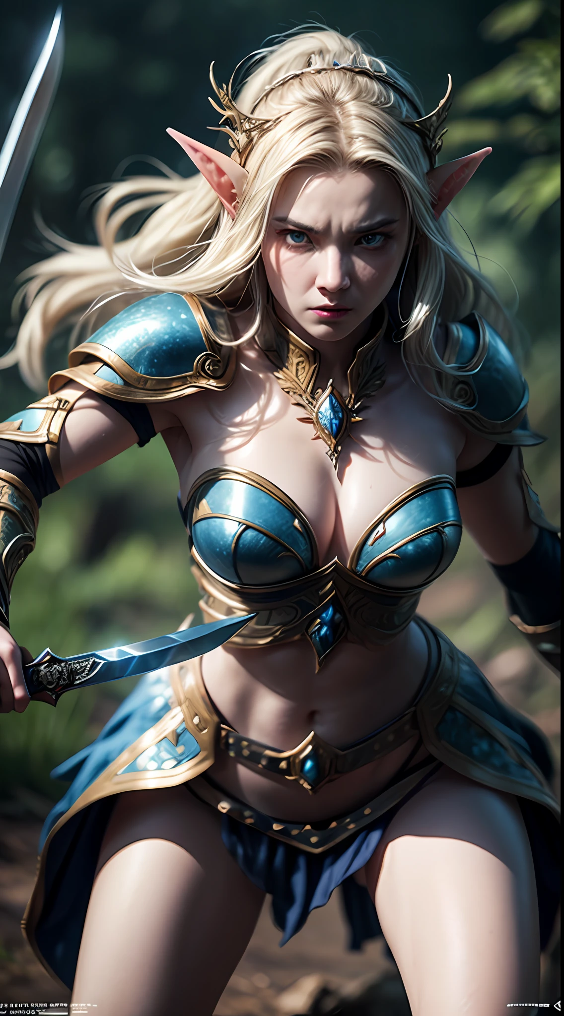 Prompt: Fierce Blue-Eyed Elven Warrior
Recommended aspect ratio: 21:9
Prompt: (masterpiece, best quality, CGI, official art:1.2), fearless elven warrior, (intense blue eyes:1.1), clad in intricately crafted armor, (elven design:1.2), (sapphire accents:1.1), wielding a legendary (enchanted sword:1.2), battle-ready stance, (powerful and determined expression:1.3), standing amidst a war-torn landscape, (smoldering ruins:1.1), (ominous dark clouds:1.2), (moonlit sky:1.1), (magic swirling around:1.2), (sparkling dust particles:1.1), elven runes glowing on the blade, (elven forest in the background:1.2), ancient trees, vibrant flora, (subtle ethereal glow:1.1), sparks of magic in the air, dynamic composition, (mid-action pose:1.3), intense battle atmosphere, (clashing weapons:1.2), (fierce determination:1.1), immersive CGI detailing, realistic textures, (epic soundtrack:1.2), Cinematic, Hyper-detailed, insane details, Beautifully color graded, Unreal Engine, DOF, Super-Resolution, Megapixel, Cinematic Lightning, Anti-Aliasing, FKAA, TXAA, RTX, SSAO, Post Processing, Post Production, Tone Mapping, CGI, VFX, SFX, Insanely detailed and intricate, Hyper maximalist, Hyper realistic, Volumetric, Photorealistic, ultra photoreal, ultra-detailed, intricate details, 8K, Super detailed, Full color, Volumetric lightning, HDR, Realistic, Unreal Engine, 16K, Sharp focus, octane render --v testp
