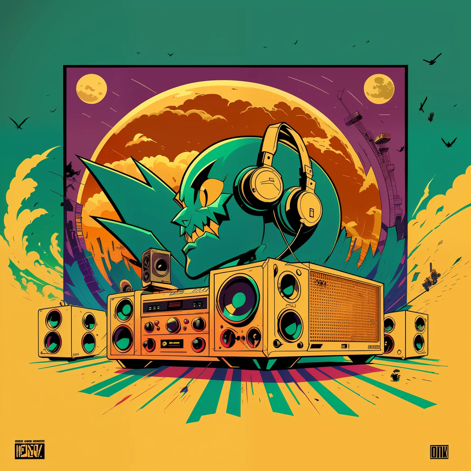 there is a poster of a monster with a boombox on it, boombox, 90's mtv illustration, tom whalen 8 k, art depicting control freak, chillhop, 90s mtv illustration, retro artwork, 70 s art, album art, the boogie monster, official artwork, promotional artwork, inspired by Tim Biskup, inspired by Tom Whalen