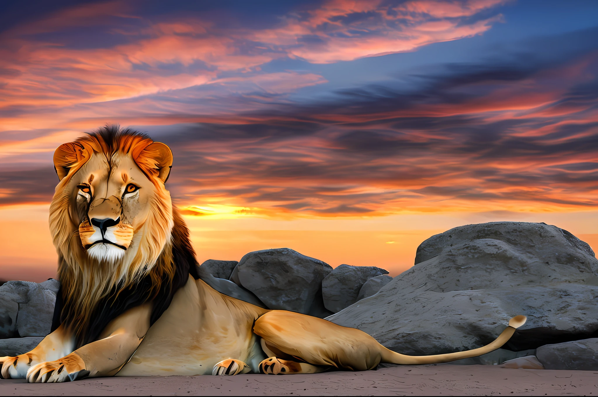((A male lion,)), . Rock Scene, Realistic, Ultra Detailed, Reddish Sky, Sunset, Real, Professional Photography, DSLR