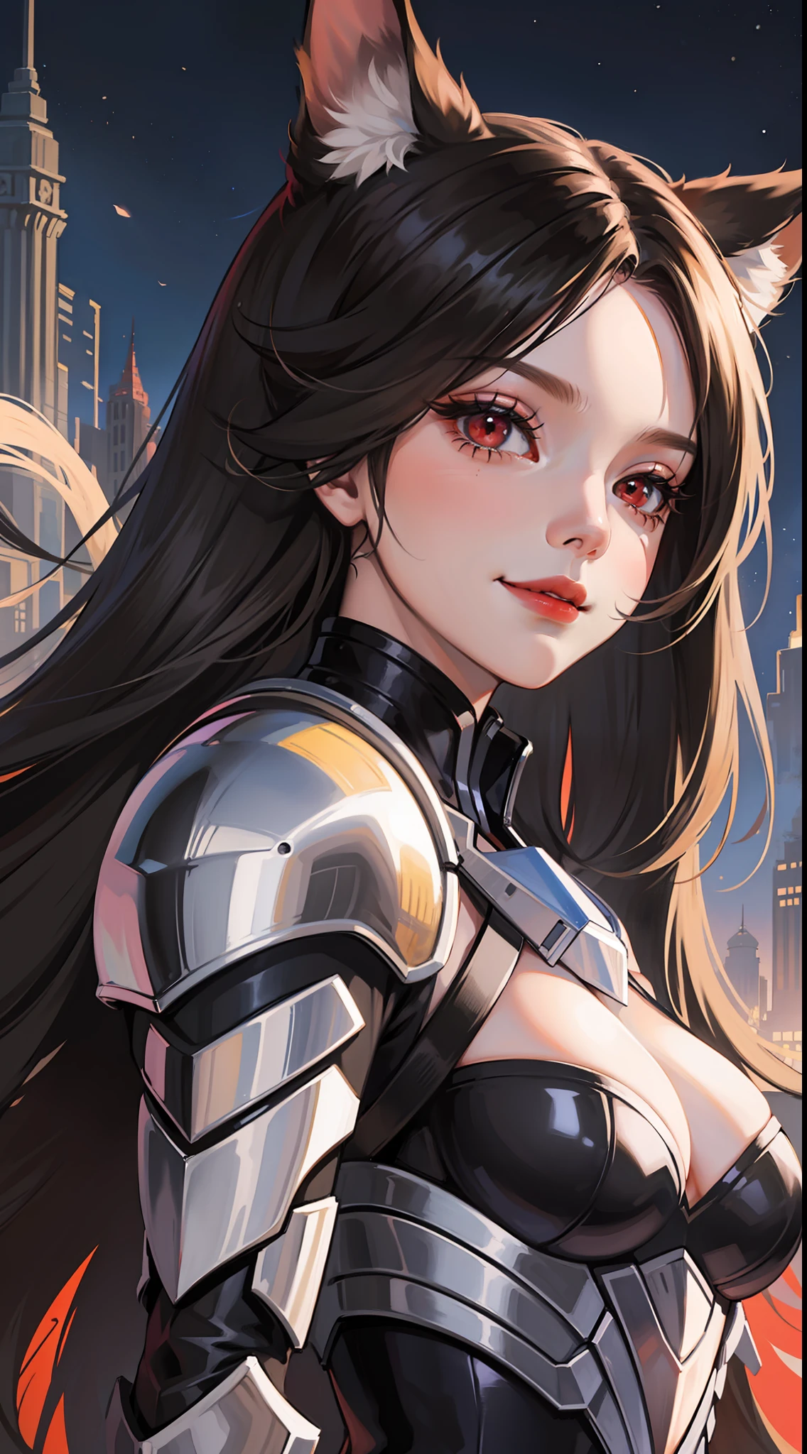 young girl, Long black hair, Fox ears, red eyes, smirk, Decepticon armor, Starskrim, open shoulders, open breasts, smirk, wings, Masterpiece, highly quality