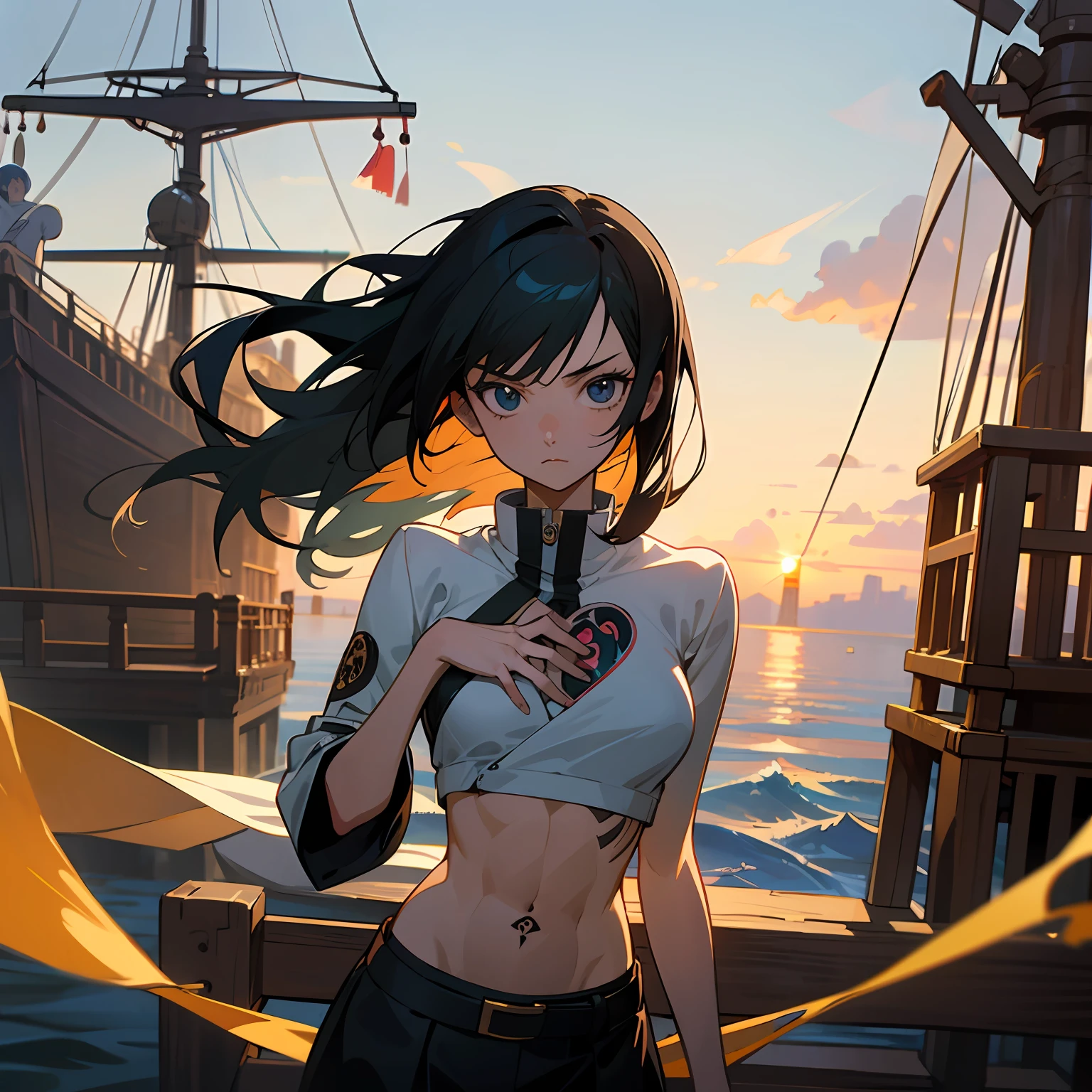 (Best quality, High resolution, anime style, Masterpiece :1.3) , based image off character from Trafalgar D. Water Law from One Piece (Japanese series and anime written by Eiichiro Oda), on a pirate ship, stylistic heart tattoo on chest, black hair, gender swapped, female, Slender abs, Breasts, Black skirt, Details exquisitely rendered in the face and skin texture, Detailed eyes --auto