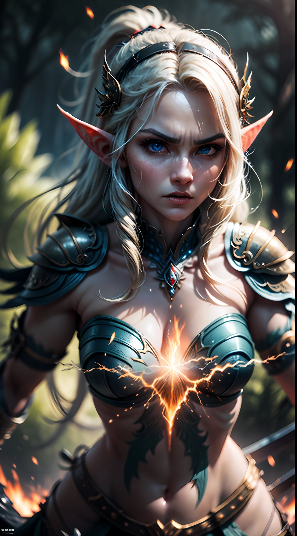 Prompt: Fierce Blue-Eyed Elven Warrior
Recommended aspect ratio: 21:9
Prompt: (masterpiece, best quality, CGI, official art:1.2), fearless elven warrior, (intense blue eyes:1.1), clad in intricately crafted armor, (elven design:1.2), (sapphire accents:1.1), wielding a legendary (enchanted sword:1.2), battle-ready stance, (powerful and determined expression:1.3), standing amidst a war-torn landscape, (smoldering ruins:1.1), (ominous dark clouds:1.2), (moonlit sky:1.1), (magic swirling around:1.2), (sparkling dust particles:1.1), elven runes glowing on the blade, (elven forest in the background:1.2), ancient trees, vibrant flora, (subtle ethereal glow:1.1), sparks of magic in the air, dynamic composition, (mid-action pose:1.3), intense battle atmosphere, (clashing weapons:1.2), (fierce determination:1.1), immersive CGI detailing, realistic textures, (epic soundtrack:1.2), Cinematic, Hyper-detailed, insane details, Beautifully color graded, Unreal Engine, DOF, Super-Resolution, Megapixel, Cinematic Lightning, Anti-Aliasing, FKAA, TXAA, RTX, SSAO, Post Processing, Post Production, Tone Mapping, CGI, VFX, SFX, Insanely detailed and intricate, Hyper maximalist, Hyper realistic, Volumetric, Photorealistic, ultra photoreal, ultra-detailed, intricate details, 8K, Super detailed, Full color, Volumetric lightning, HDR, Realistic, Unreal Engine, 16K, Sharp focus, octane render --v testp
