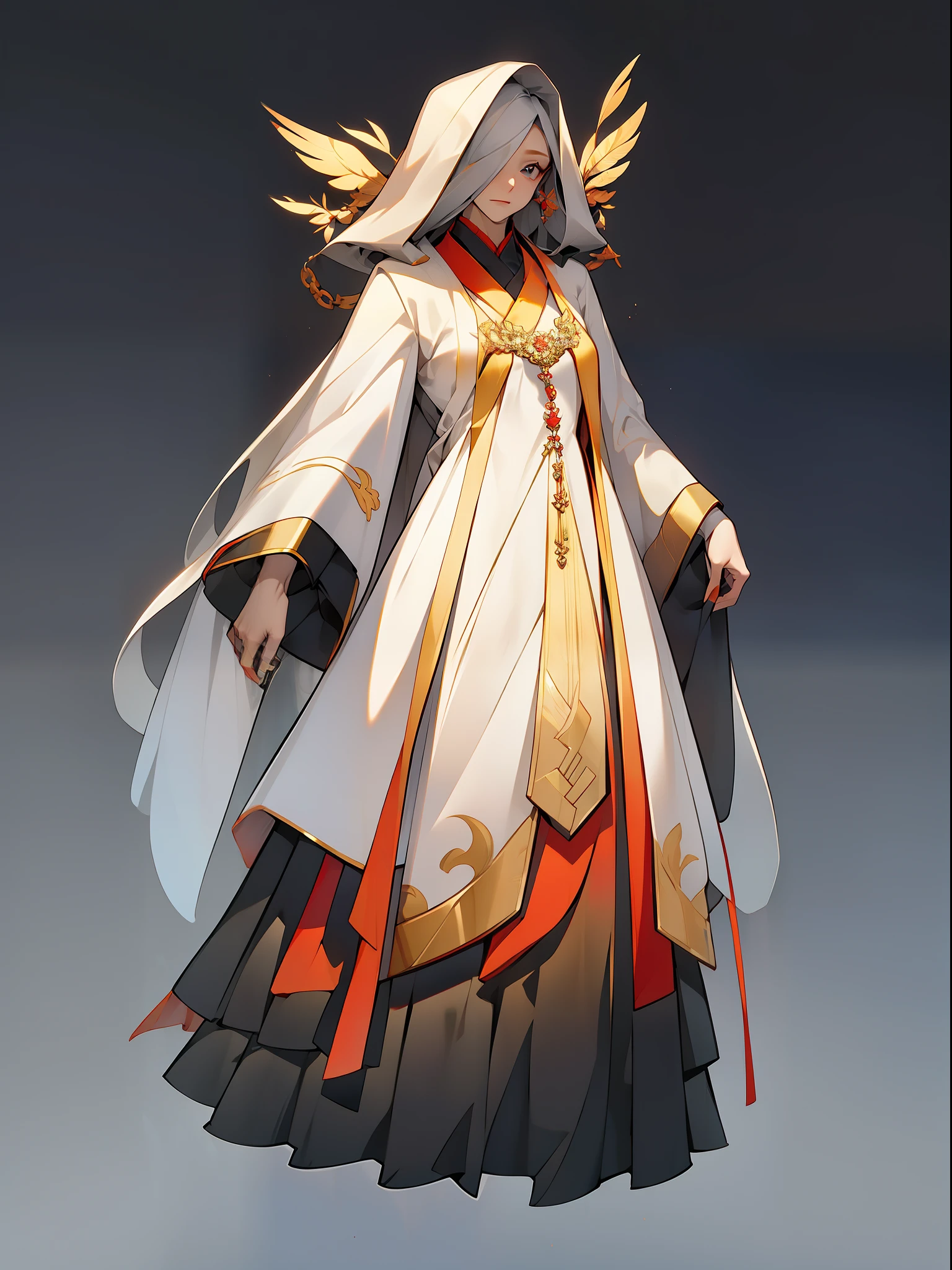 (NOhumans:1.5), masterpaintings, Ultimate,(a color,feather hair),Ancient Chinese clothes,Gorgeous collared top,pleated long skirt,cloaks,gossamer,gold chains,red color Hanfu,Phnom Penh embroidery,gameicon,