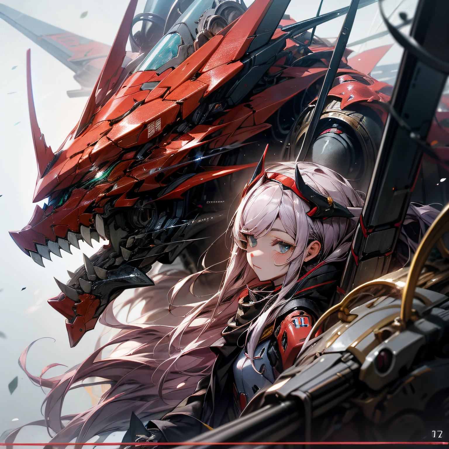 Day man(《DARLING in the FRANXX》,The heroine,)02,Mecha girl,Darling(The eye,abundantly detailed,)Detailed face,Dragon head mech,Mecha style,Best Quority,8k wall paper,battleground background, Mechanized Valkyrie girl,cyber punk style,