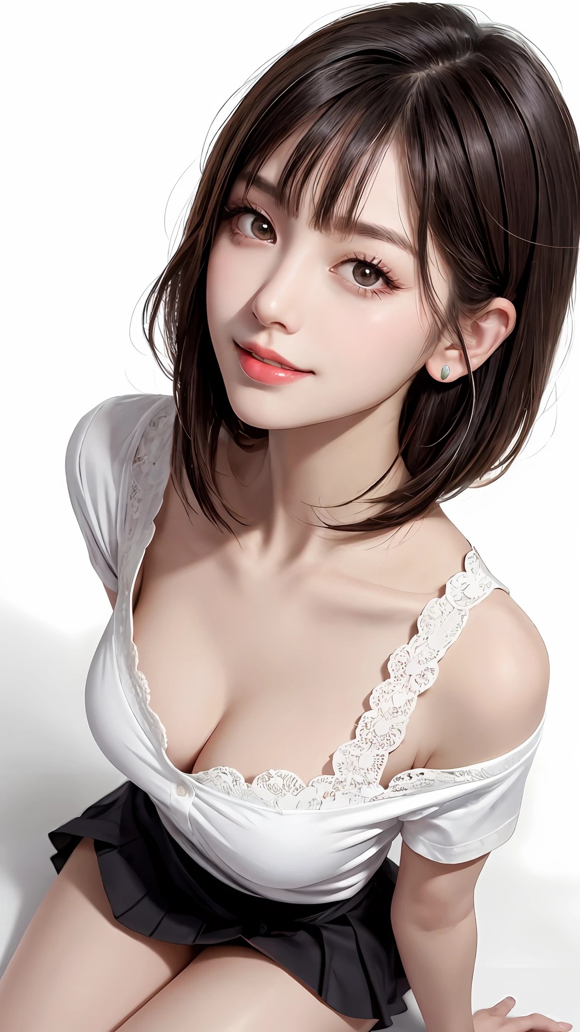 Pee (incontinence: 1.47), fashion trendy beautiful and attractive woman, gentle and attractive Chinese beautiful woman, Korean (kpop idol), delicate and sexy collarbone, attractive oval face, double eyelids, smart [peach] flower eyes, pink lips, small nose, bare shoulders, focus on face, [[face close-up], ultra high definition, super detail, White off-shoulder lace shirt, (((white lace panties), fresh and impressive, natural (large: 1.25), (kneel on the ground), (legs wide open), (legs spread), (from a low angle), (upright 1.5), (shiny skin: 1.4), (low angle)), perfect figure, areola, cleavage, armpit wrinkles, (floor urine)), (NSFW: 1.05), ( Showpiece, top quality, high precision)), one girl, (big, photorealistic: 1.4), (slightly above the camera, looking up at the camera, looking up, looking up at the camera, staring at the camera))), solo, solo, white background, snow-white background, mouth closed, happy smile, pretty black hair, short hair, big eyes, pronounced double eyelids, eyelashes, ears out, long neck, long neck, Absolute area, ((close-up of face, short hair with bangs)), 19 years old, attractive proportions, shiny skin, clean collarbone, golden ratio face, perfect face, teardrop mole, chest mole, bangs, clean bangs, beautiful bangs, lip gloss, thin lips, white skin, undressed, big breasts, small face, staring at the camera a little upwards, ((smiling a little at the camera, really nothing pure white background, very big, big big, big breasts)), ((((uniform, shirt))))