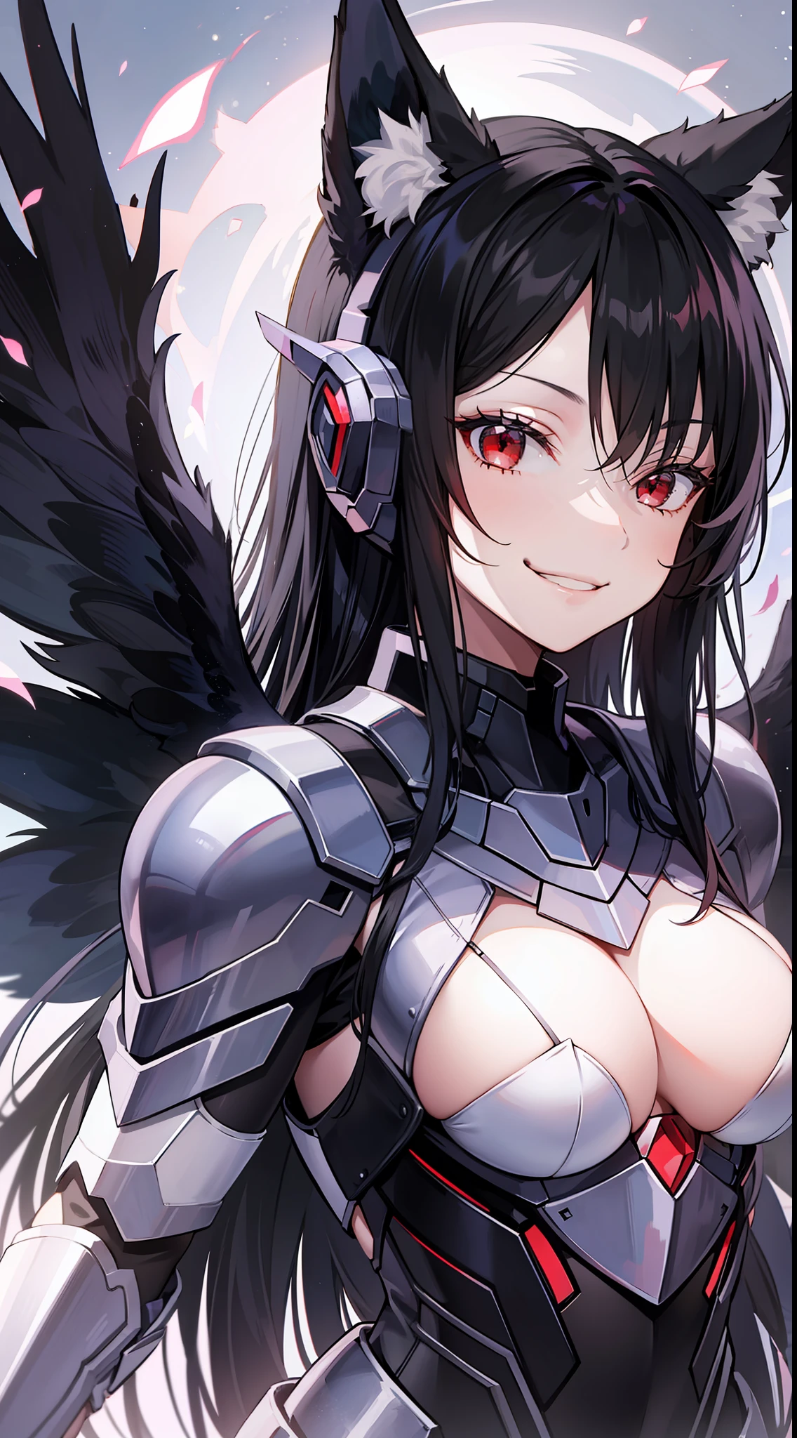 young girl, Long black hair, Fox ears, red eyes, smirk, Decepticon armor, Starskrim, open shoulders, open breasts, smirk, wings, Masterpiece, highly quality