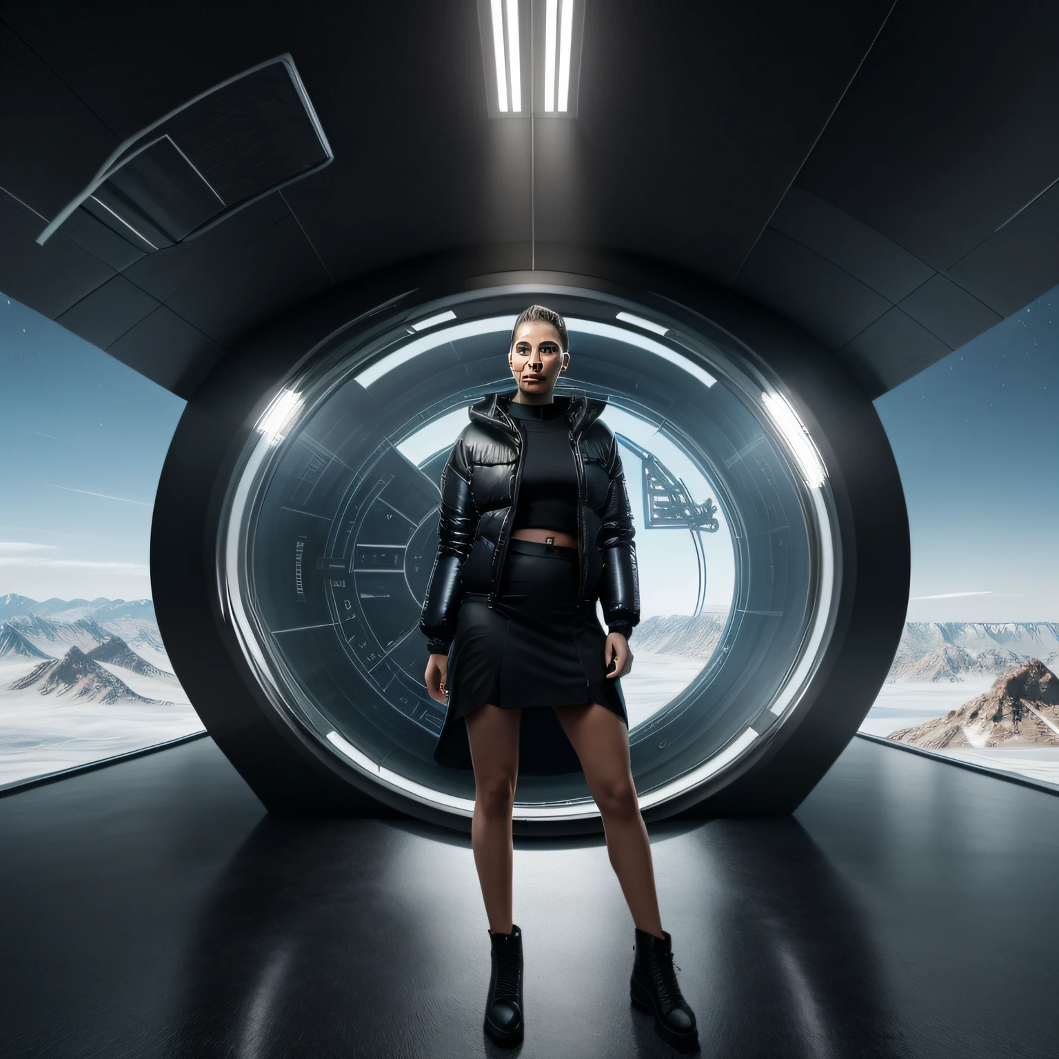 A woman in a black jacket and skirt, Frontal whole body, model wears a puffer jacket, puffer jacket, In the background is an Alafard view of the space station with mountain views, industrial futuristic ice mine, futuristic space ship interrior, Futuristic setting, inside a futuristic army base, futuristic landscape, futuristic environment, detailed sci - fi backgrounds, in a futuristic spaceship, interior of an alien spaceship, sci - fi interior, sci-fiish landscape, sci-fiish landscape, sci-fiish landscape