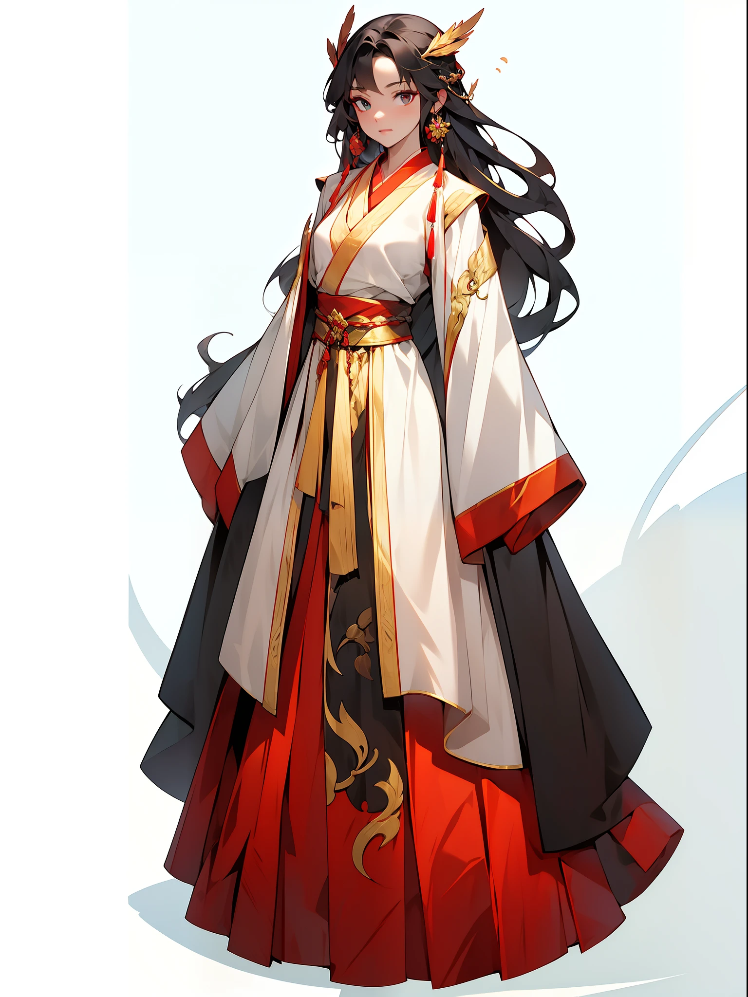 (NOhumans:1.5), masterpaintings, Ultimate,(a color,feather hair),Ancient Chinese clothes,Gorgeous collared top,pleated long skirt,cloaks,gossamer,gold chains,red color Hanfu,Phnom Penh embroidery,gameicon,
