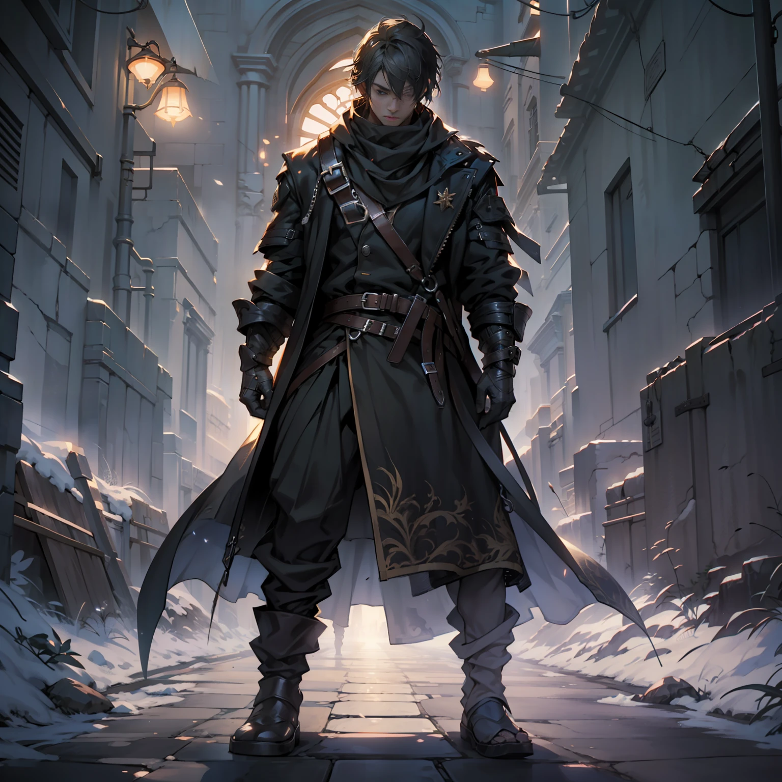 (Black style:1.3),(The protagonist is male:1.2),(cold:1.1),(shadowy:1.1),(Dreamy cinematic lighting:1.3)