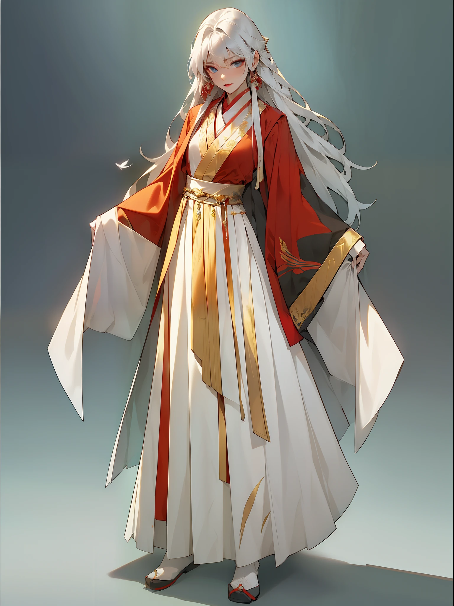 （NOhumans：1.5）， masterpaintings， Ultimate，（a color，feather hair），Ancient Chinese clothes，Gorgeous collared top，pleated long skirt，cloaks，gossamer，gold chains，red color Hanfu，Phnom Penh embroidery，gameicon，