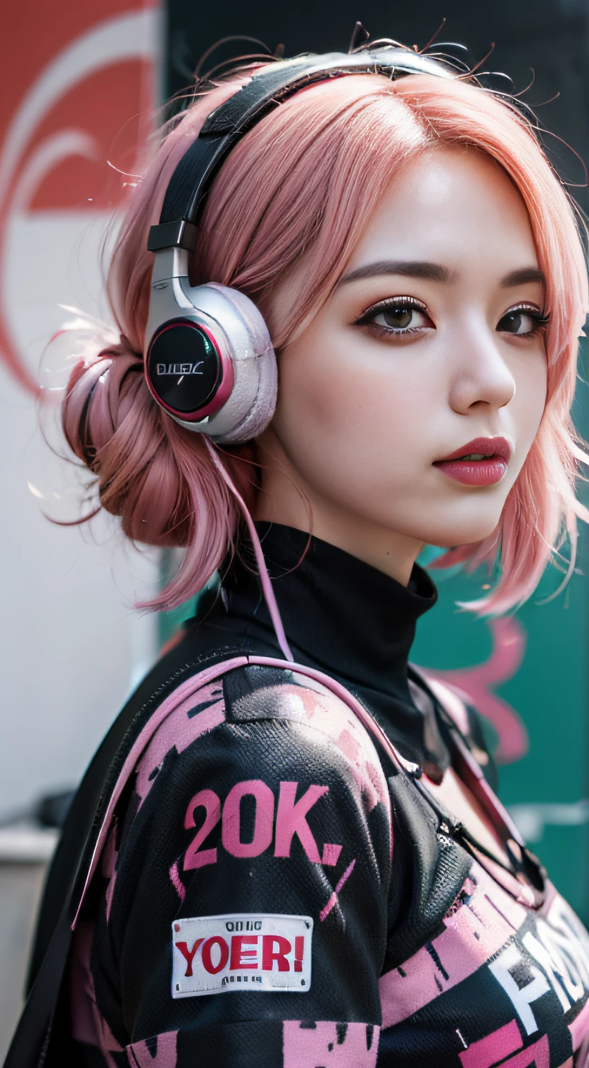 Realistic style 4K wallpaper,Arad woman with pink hair and headphones in front of graffiti,3D realistic style,Reality is real,Best realistic 8K Konachan wallpaper,cyber punk Girl,Anime girls render realistic,attention-grabbing。