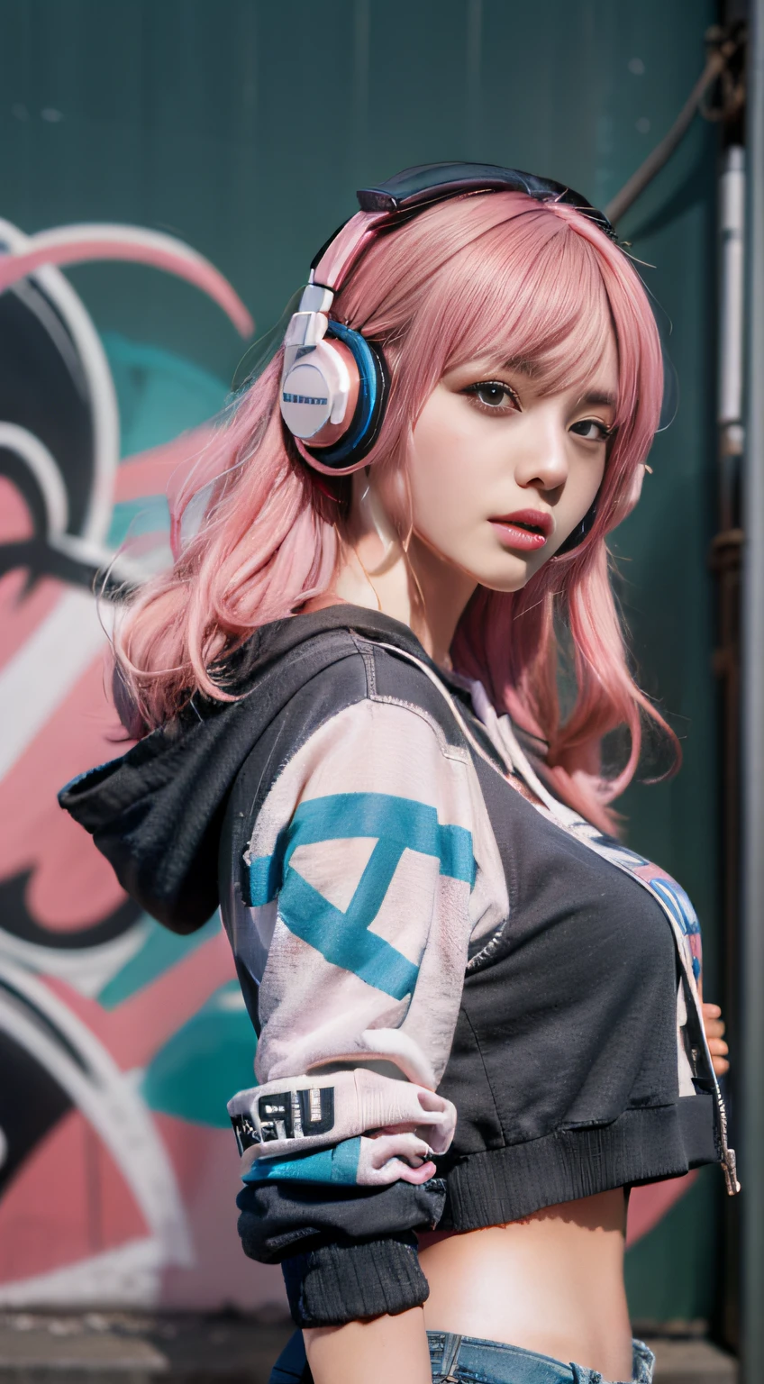 Realistic style 4K wallpaper,Arad woman with pink hair and headphones in front of graffiti,3D realistic style,Reality is real,Best realistic 8K Konachan wallpaper,cyber punk Girl,Anime girls render realistic,attention-grabbing。