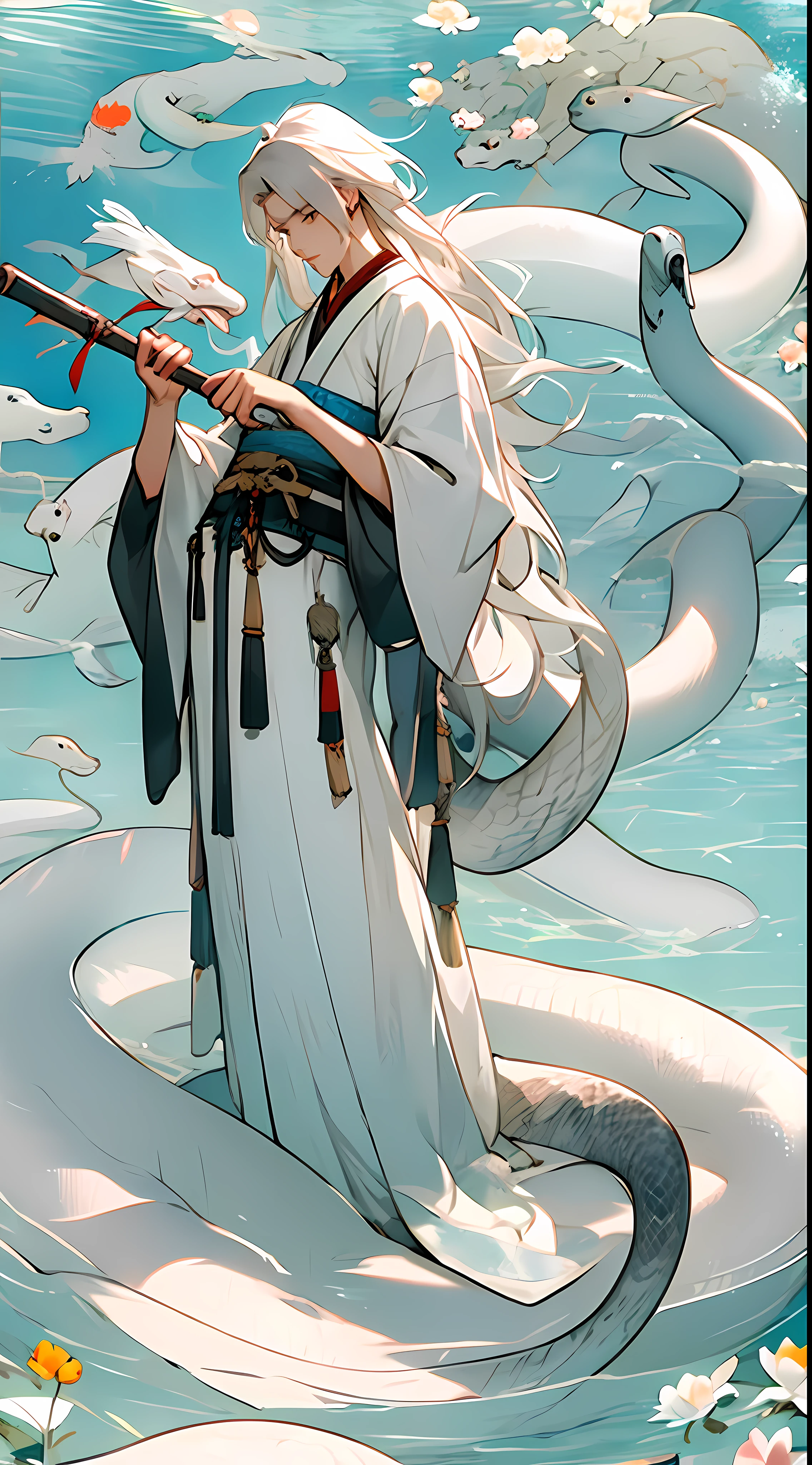 1boy，male，man，Hanfu，Chinese clothing，white hair，white snake，huge snake，water