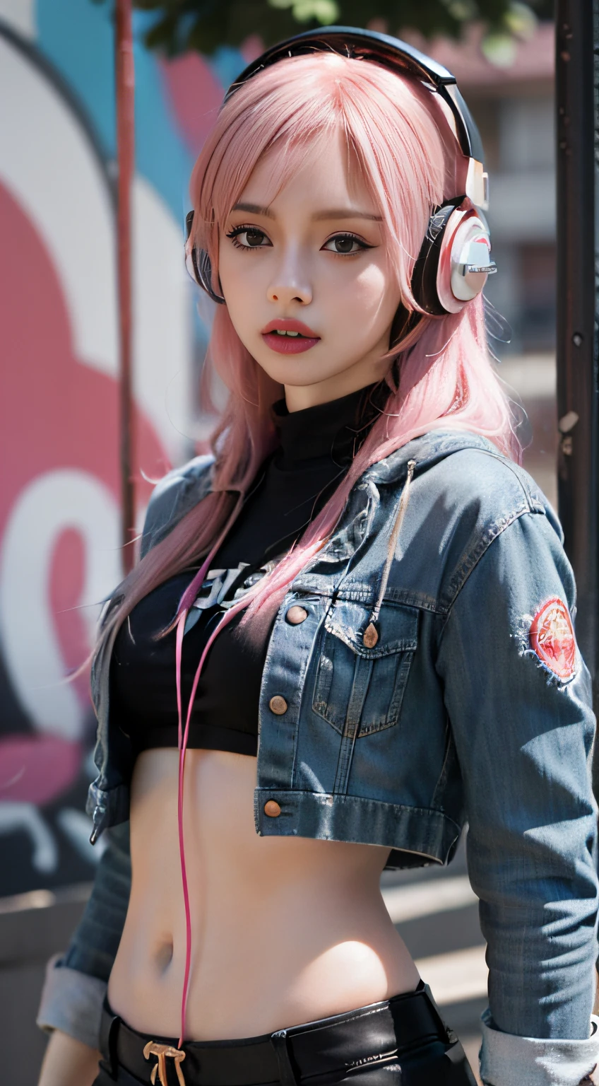 Realistic style 4K wallpaper，Arad woman with pink hair and headphones in front of graffiti,3D realistic style，Reality is real，Best realistic 8K Konachan wallpaper，cyber punk Girl，Anime girls render realistic，attention-grabbing。