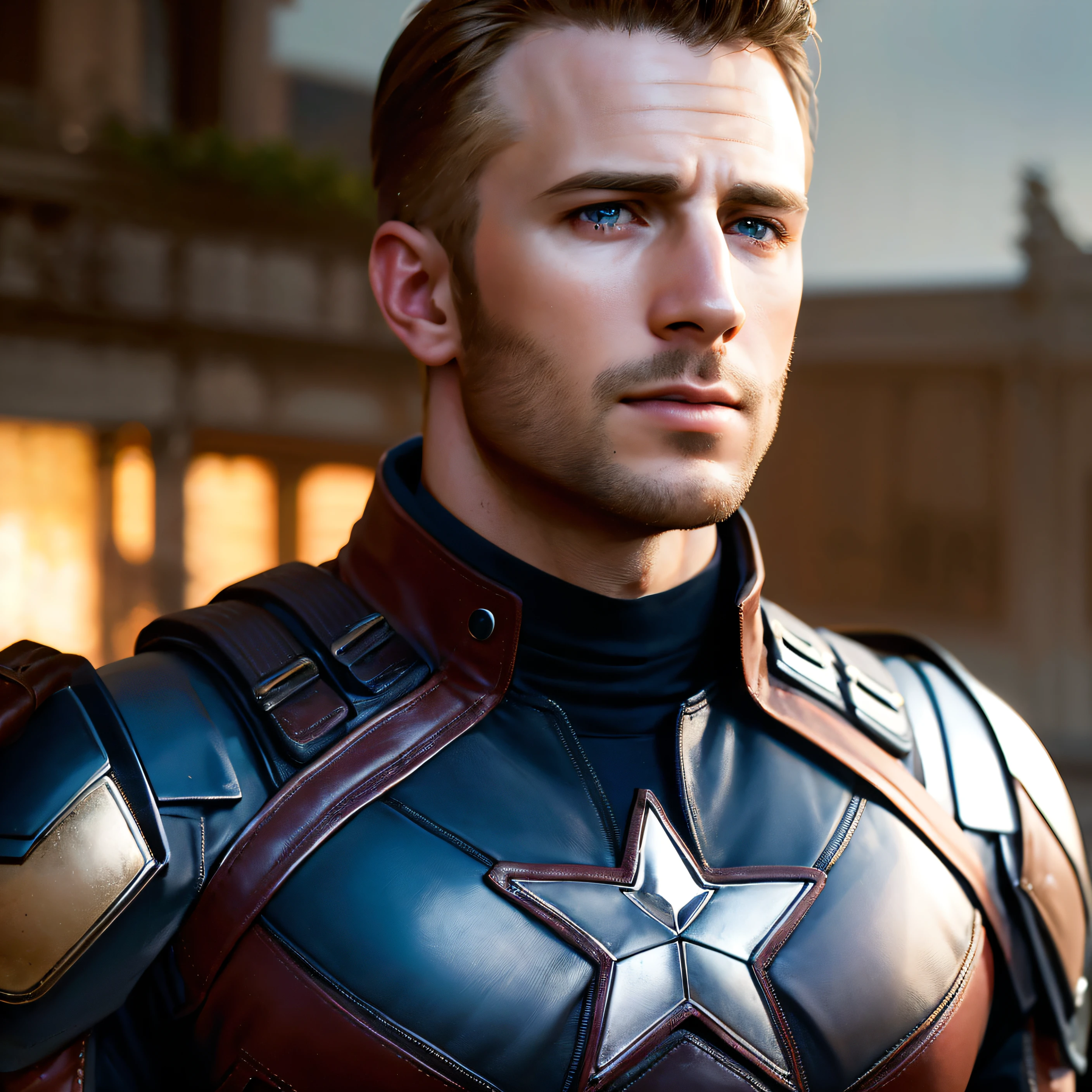 Chris Evans is 40 years old The realistic face, wearing a t-shirt and trousers, natural facial expressions, beautiful, impressive, dashing, award-winning hairstyle, is a real masterpiece of masculine beauty, the face as in the movie, completing a man standing tall in an abandoned city. The setting lighting further accentuates his confidence. The scenery is lush and mysterious, with the dark city and its surroundings. The camera details everything. When looking into beautiful eyes, there are eyes that will attract people. His gaze is on the viewer, you can clearly see every small detail, every perfect line, every beautiful leather detail with 8K quality, people are captivated by the confidence radiating from each eye. His head is framed with brown blonde hair and his face is drawn in meticulous detail using 8K quality images.