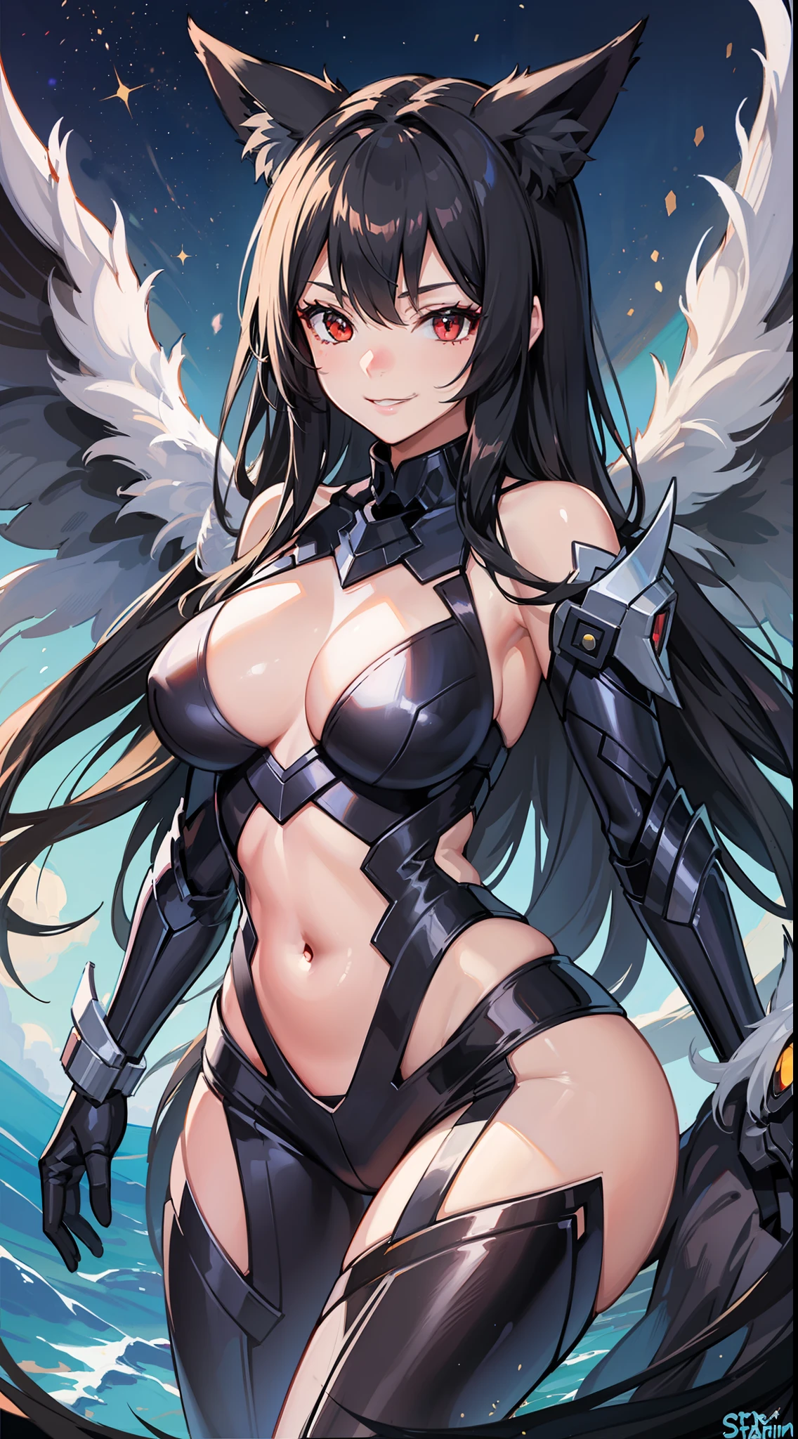 young girl, Long black hair, Fox ears, red eyes, smirk, Decepticon armor, Starskrim, open shoulders, open breasts, smirk, wings, Masterpiece, highly quality
